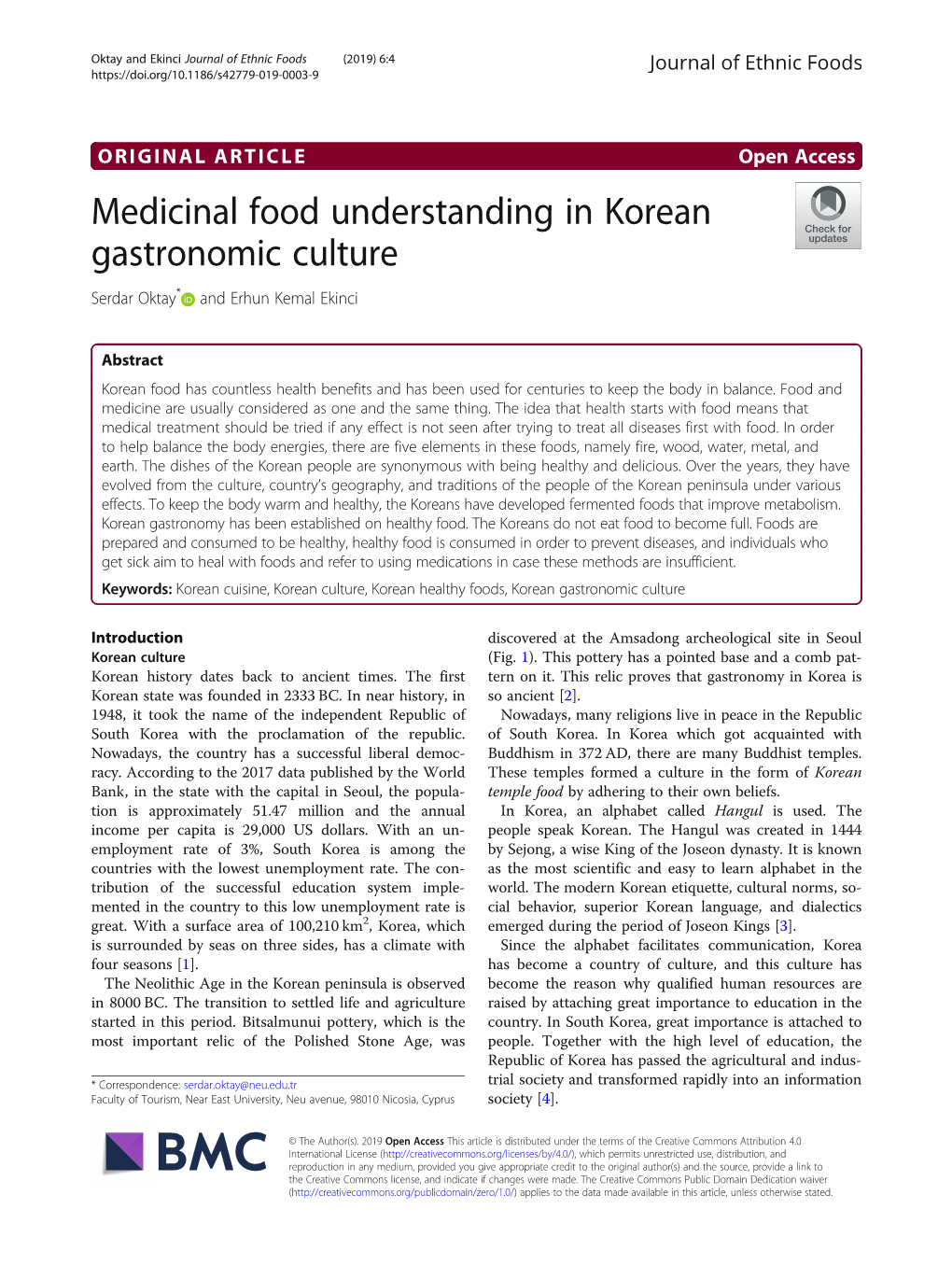 Medicinal Food Understanding in Korean Gastronomic Culture Serdar Oktay* and Erhun Kemal Ekinci