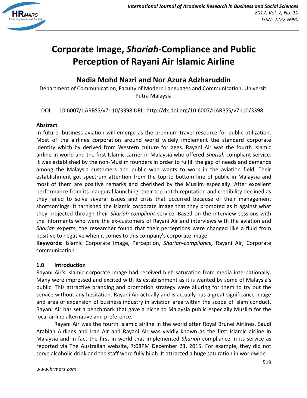 Corporate Image, Shariah-Compliance and Public Perception of Rayani Air Islamic Airline
