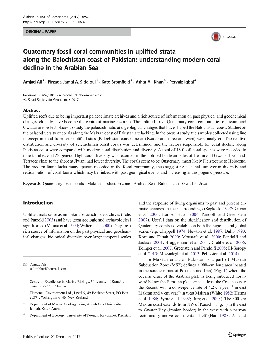 Quaternary Fossil Coral Communities in Uplifted Strata Along the Balochistan Coast of Pakistan: Understanding Modern Coral Decline in the Arabian Sea