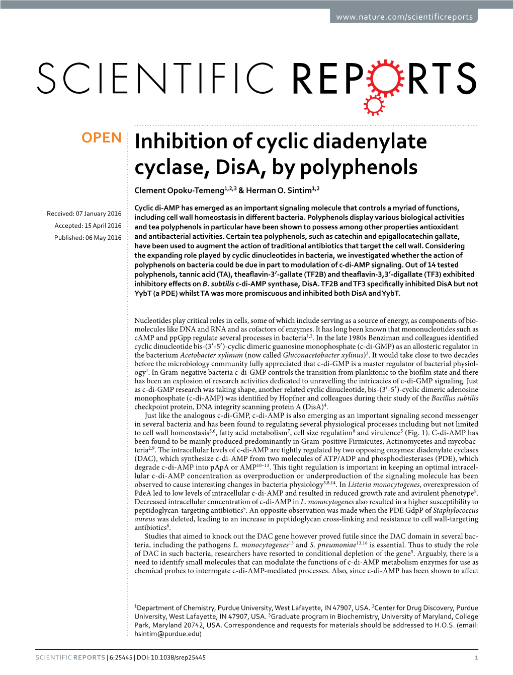 Inhibition of Cyclic Diadenylate Cyclase, Disa, by Polyphenols Clement Opoku-Temeng1,2,3 & Herman O