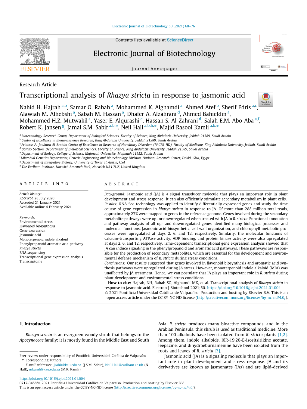 Transcriptional Analysis of Rhazya Stricta in Response to Jasmonic Acid