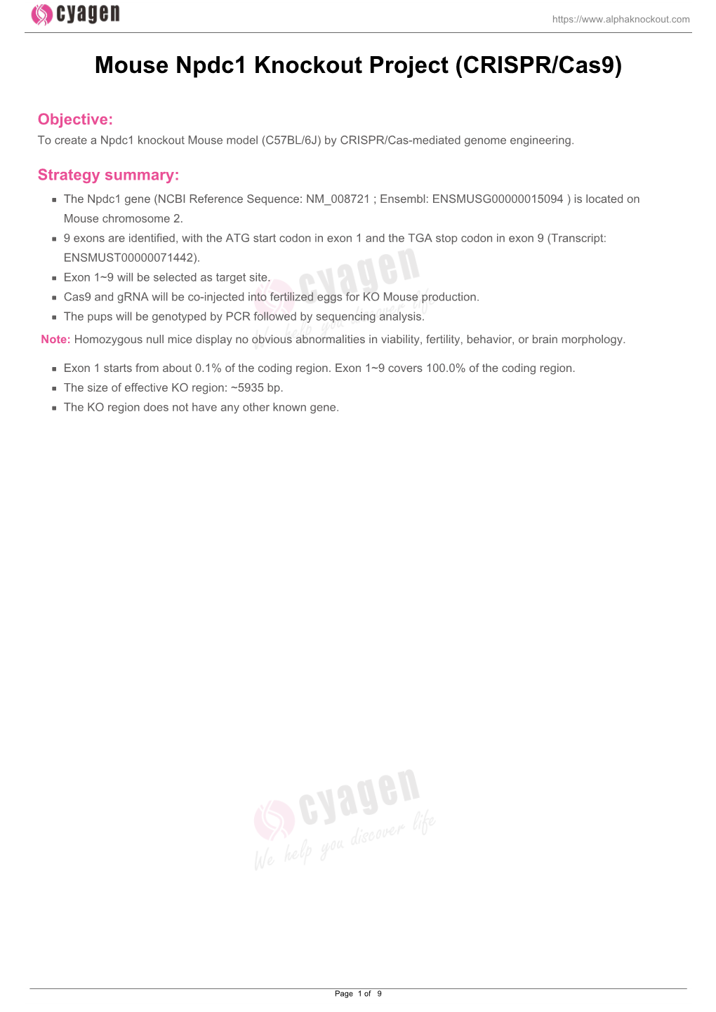 Mouse Npdc1 Knockout Project (CRISPR/Cas9)