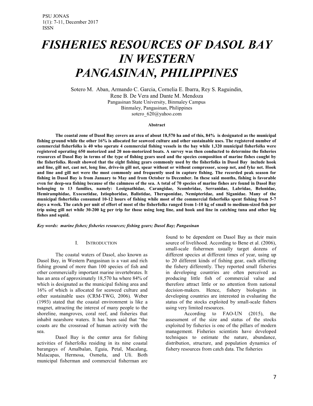 Fisheries Resources of Dasol Bay in Western Pangasinan, Philippines