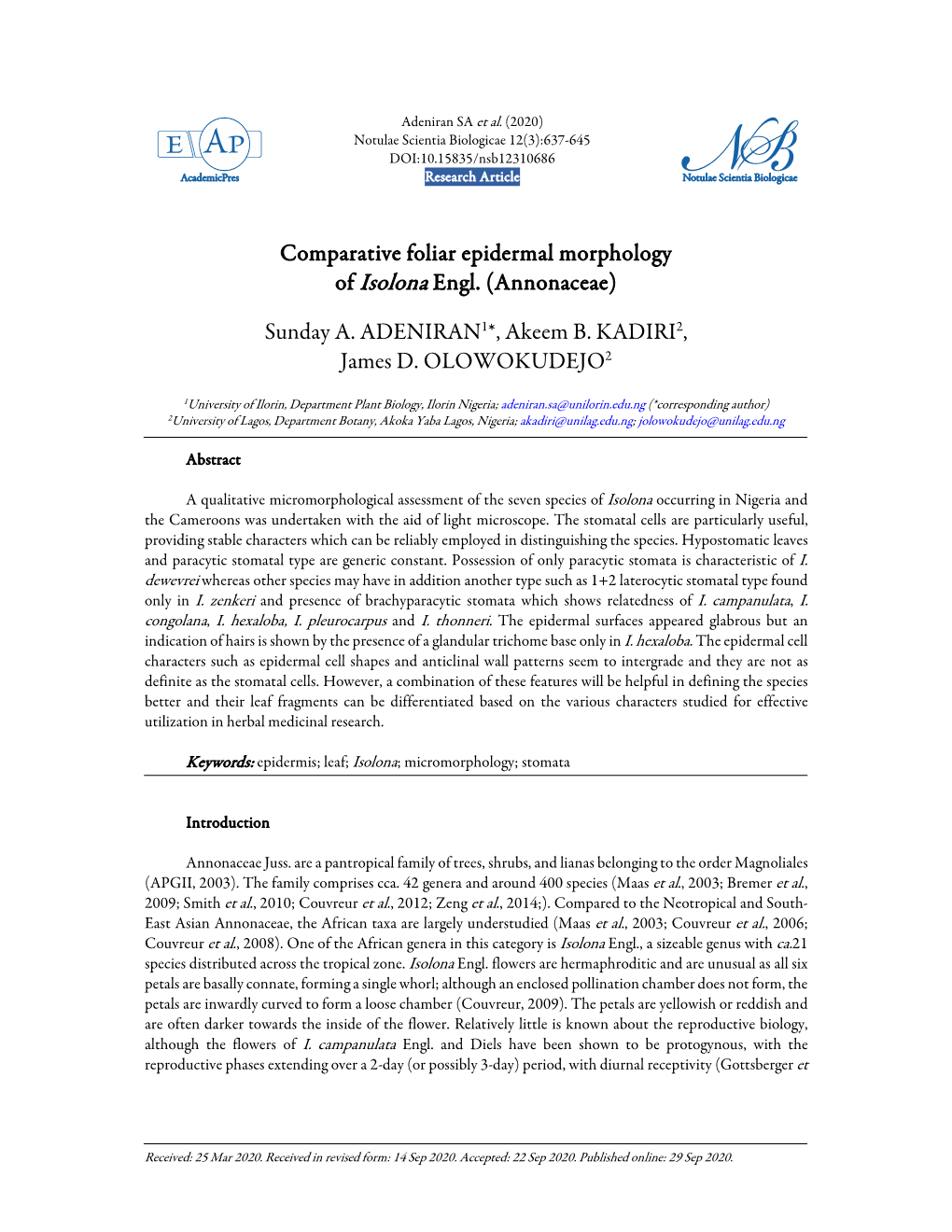 Comparative Foliar Epidermal Morphology of Isolona Engl