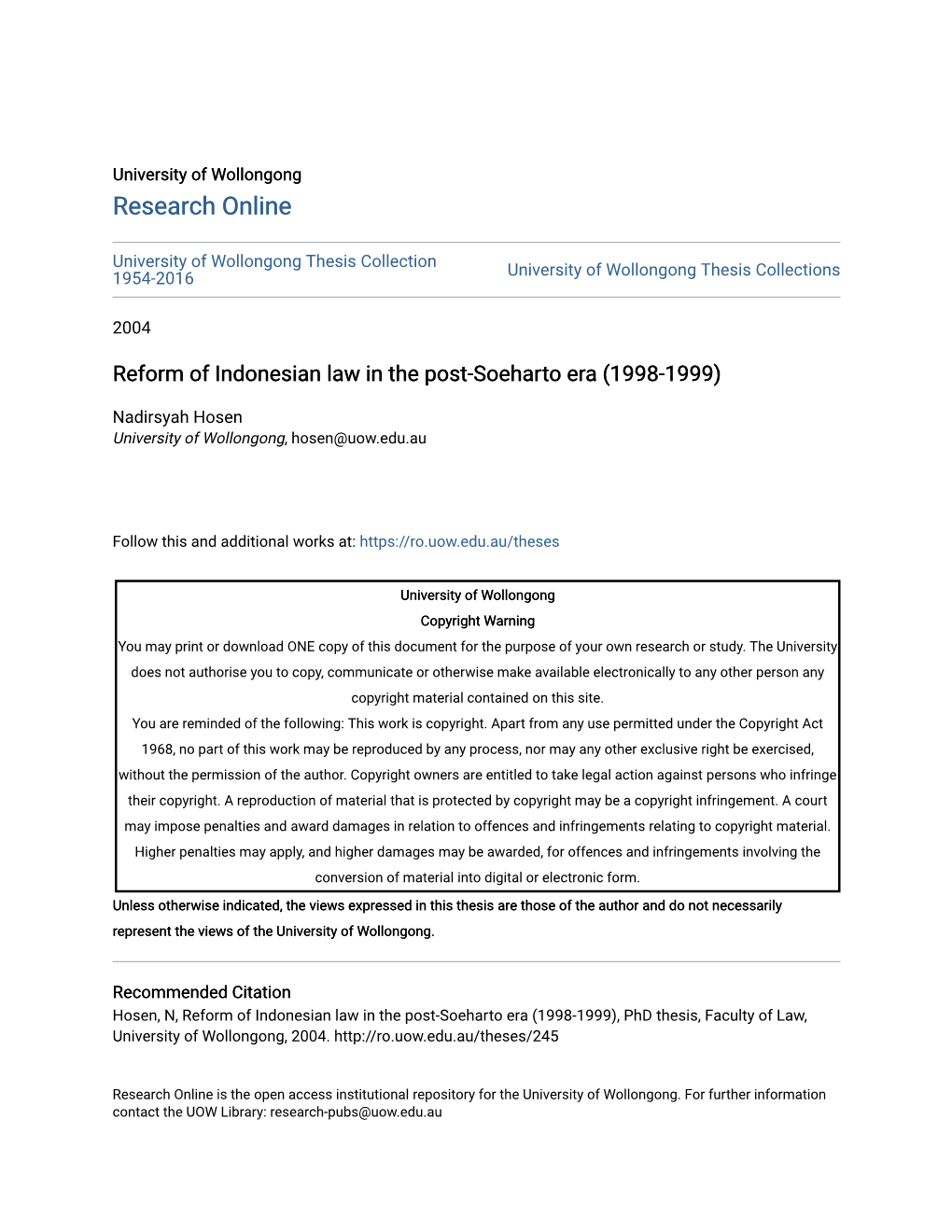 Reform of Indonesian Law in the Post-Soeharto Era (1998-1999)