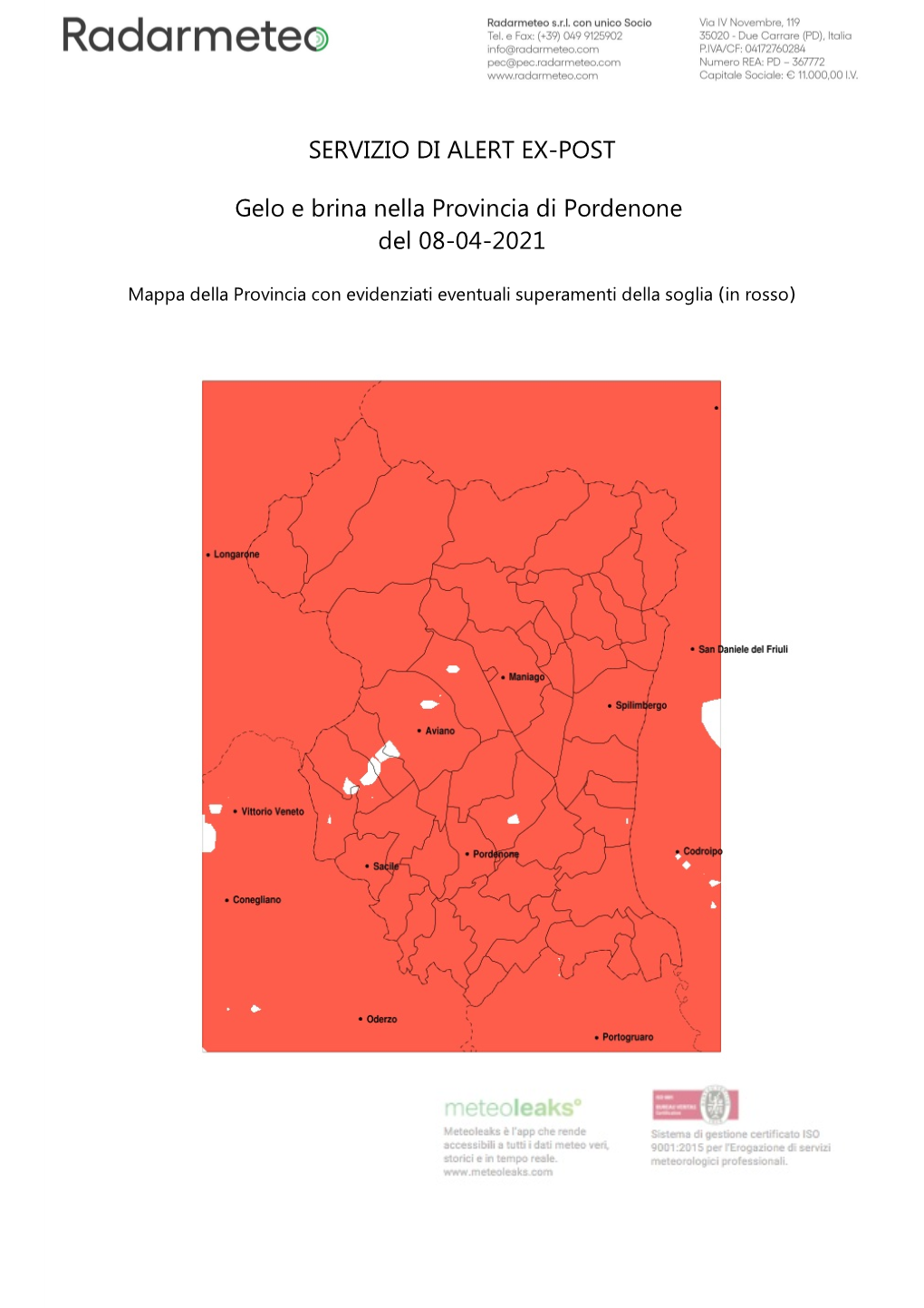 SERVIZIO DI ALERT EX-POST Gelo E Brina Nella Provincia Di Pordenone