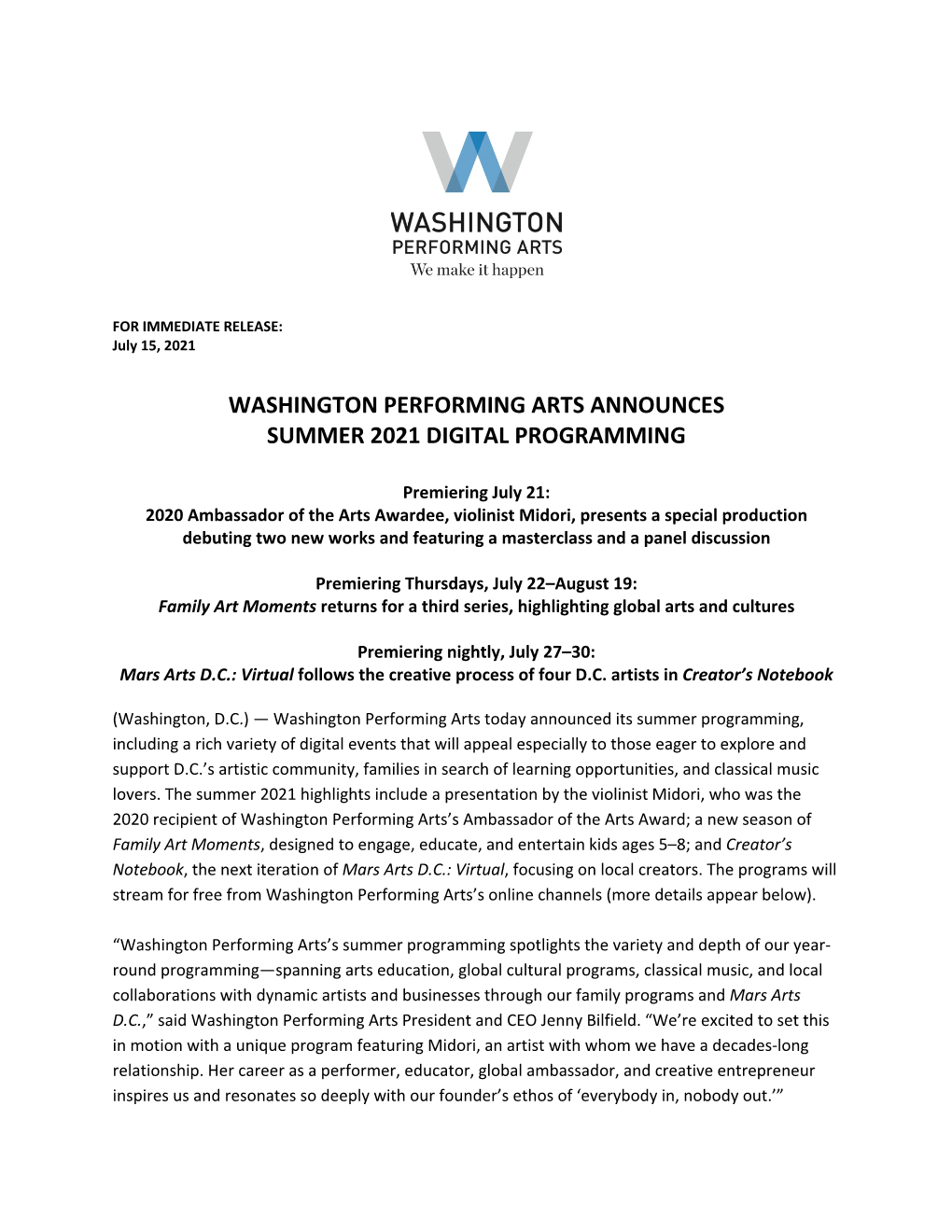 Washington Performing Arts Announces Summer 2021 Digital Programming