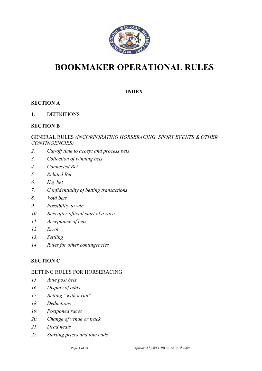 Bookmaker Operational Rules