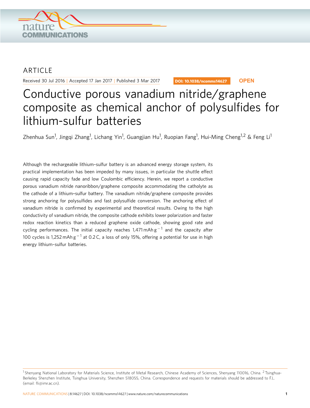 Conductive Porous Vanadium Nitride/Graphene Composite As Chemical Anchor of Polysulﬁdes for Lithium-Sulfur Batteries