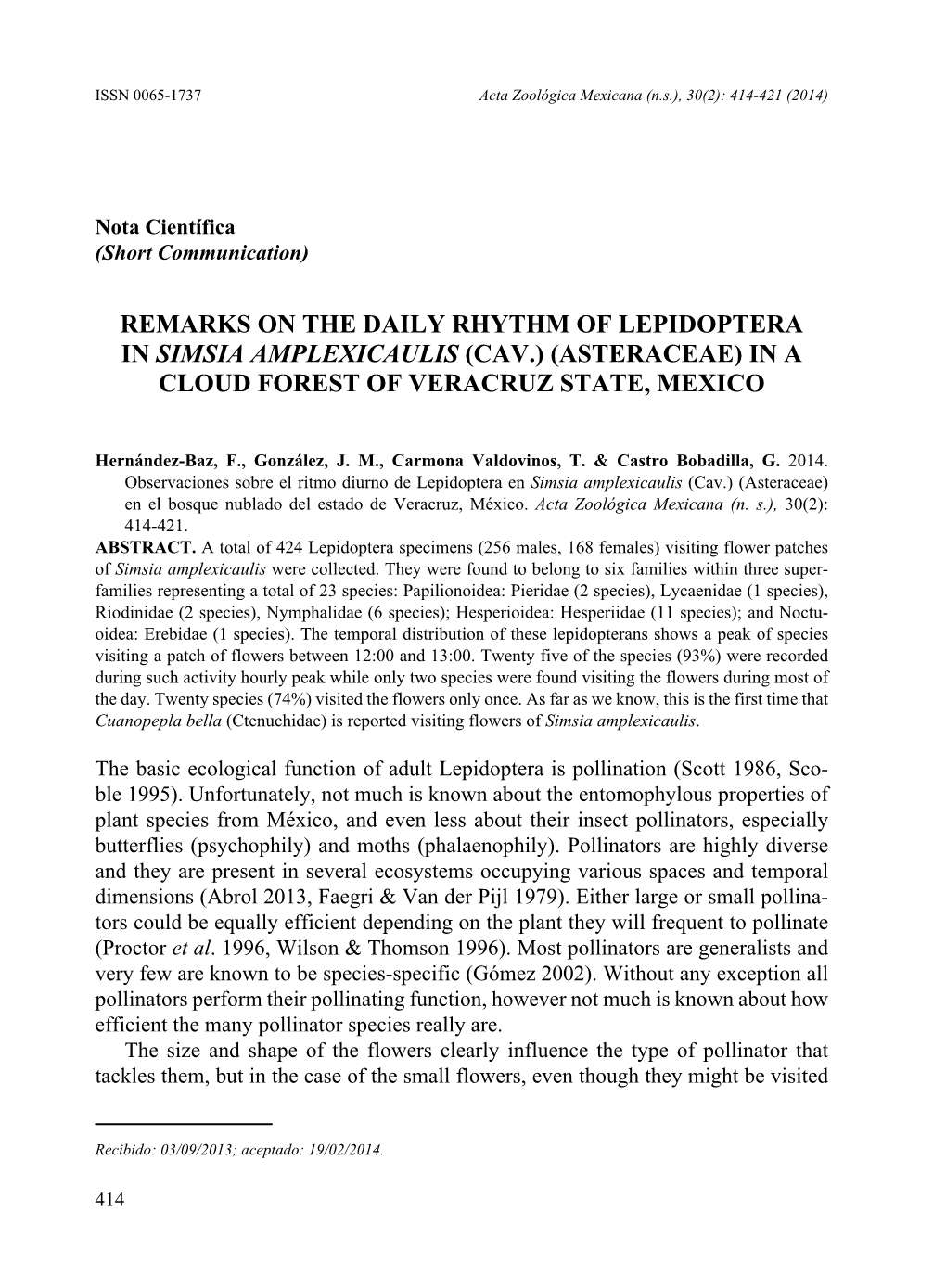 Remarks on the Daily Rhythm of Lepidoptera in Simsia Amplexicaulis (Cav.) (Asteraceae) in a Cloud Forest of Veracruz State, Mexico