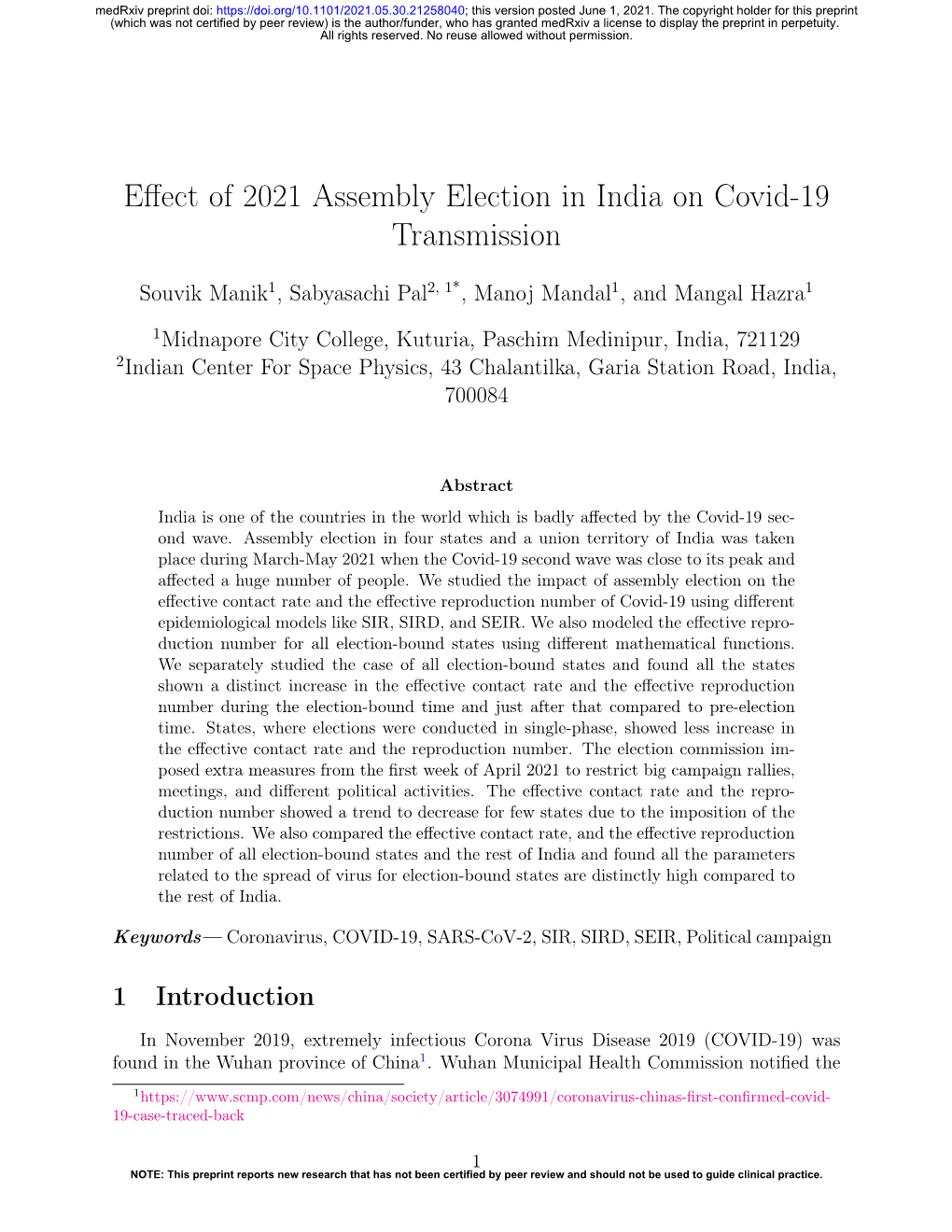 Effect of 2021 Assembly Election in India on Covid-19 Transmission