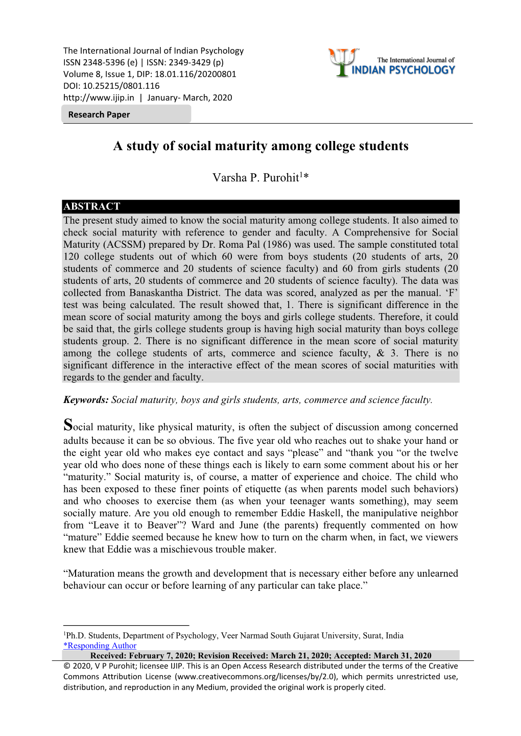 A Study of Social Maturity Among College Students
