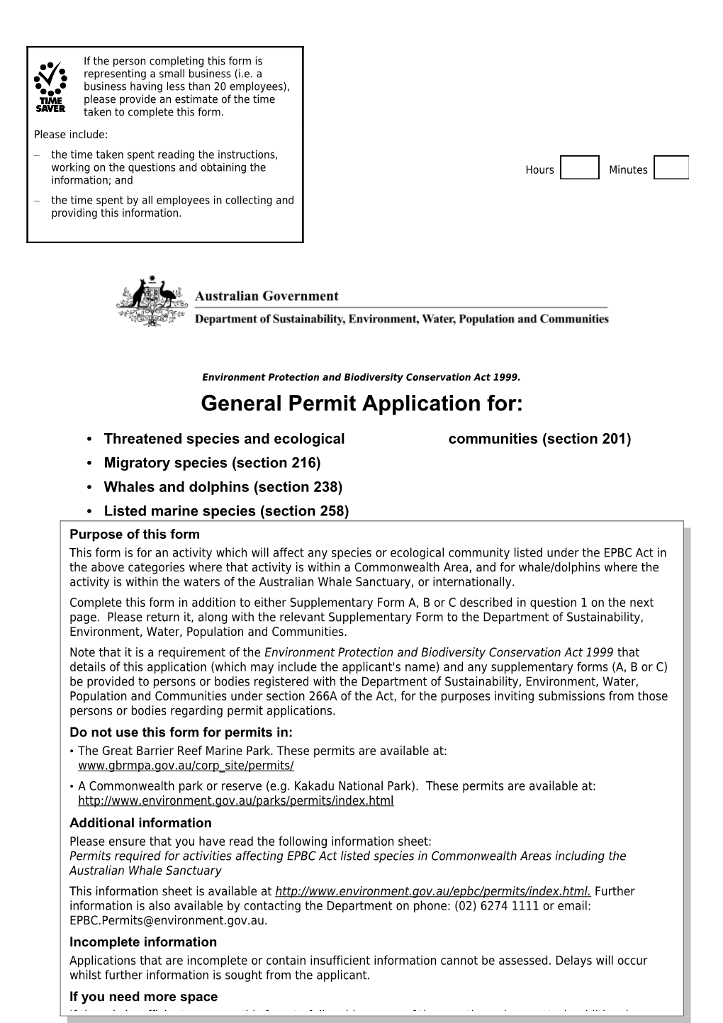 General Permit Application Form for Interaction with a Protected Species Under the EPBC Act