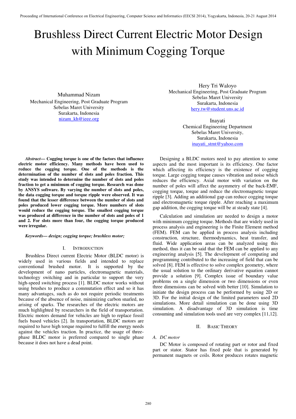 Brushless Direct Current Electric Motor Design with Minimum Cogging Torque