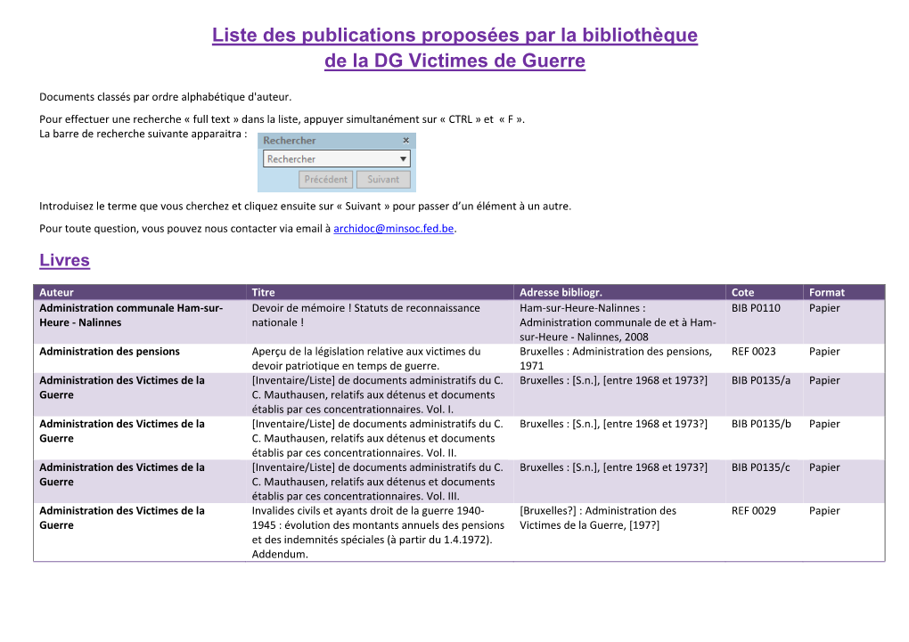 Liste Des Publications Proposées Par La Bibliothèque De La DG Victimes De Guerre