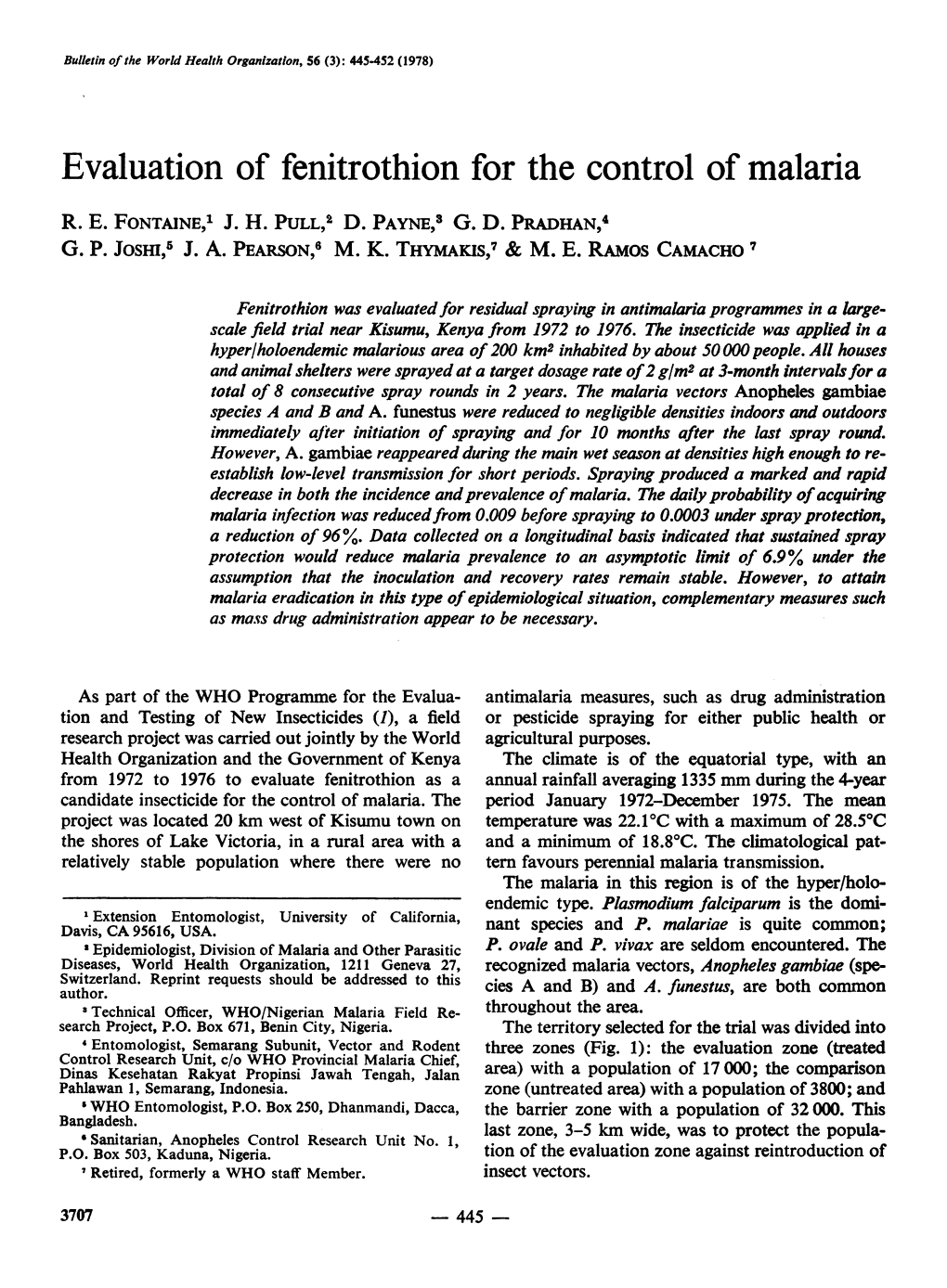 Evaluation of Fenitrothion for the Control of Malaria R