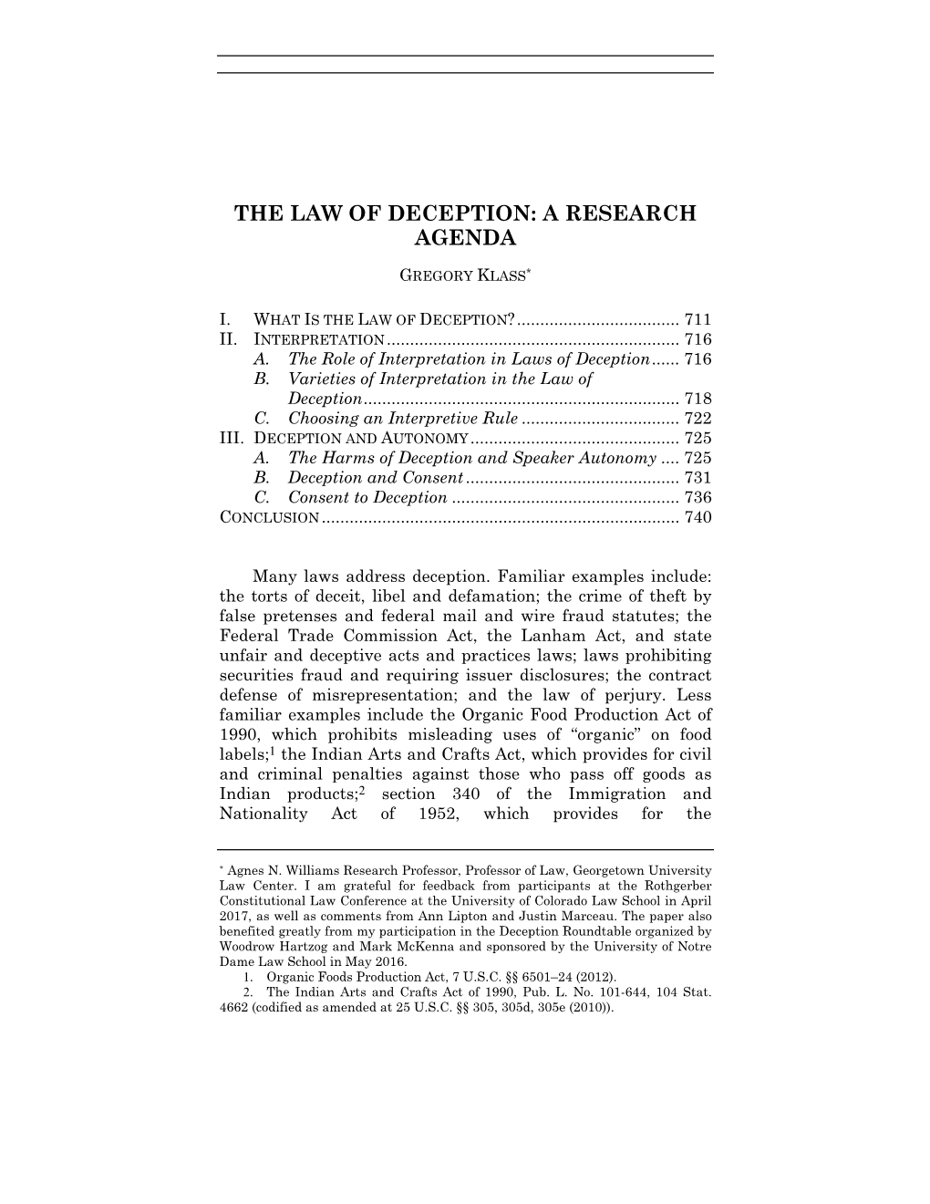 The Law of Deception: a Research Agenda