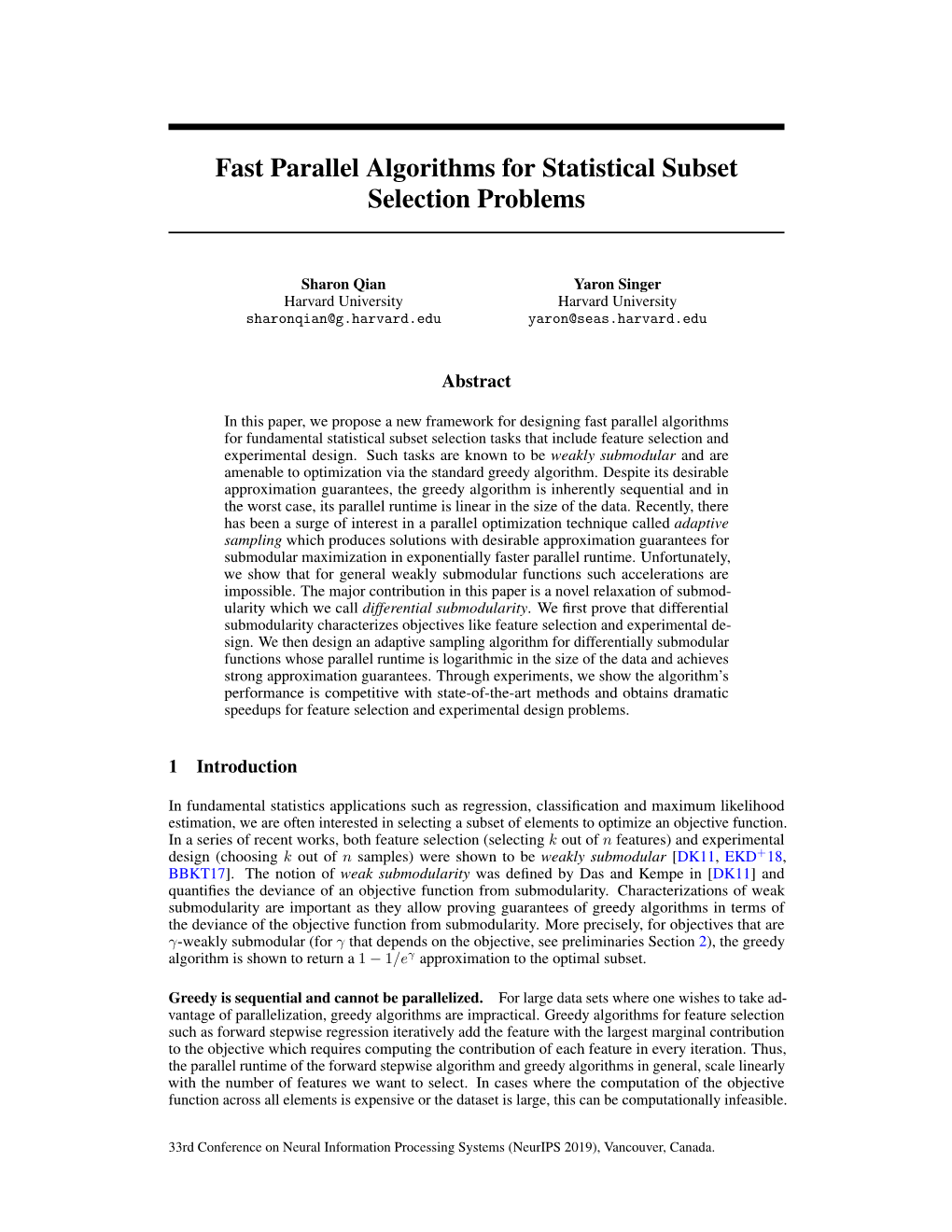 Fast Parallel Algorithms for Statistical Subset Selection Problems