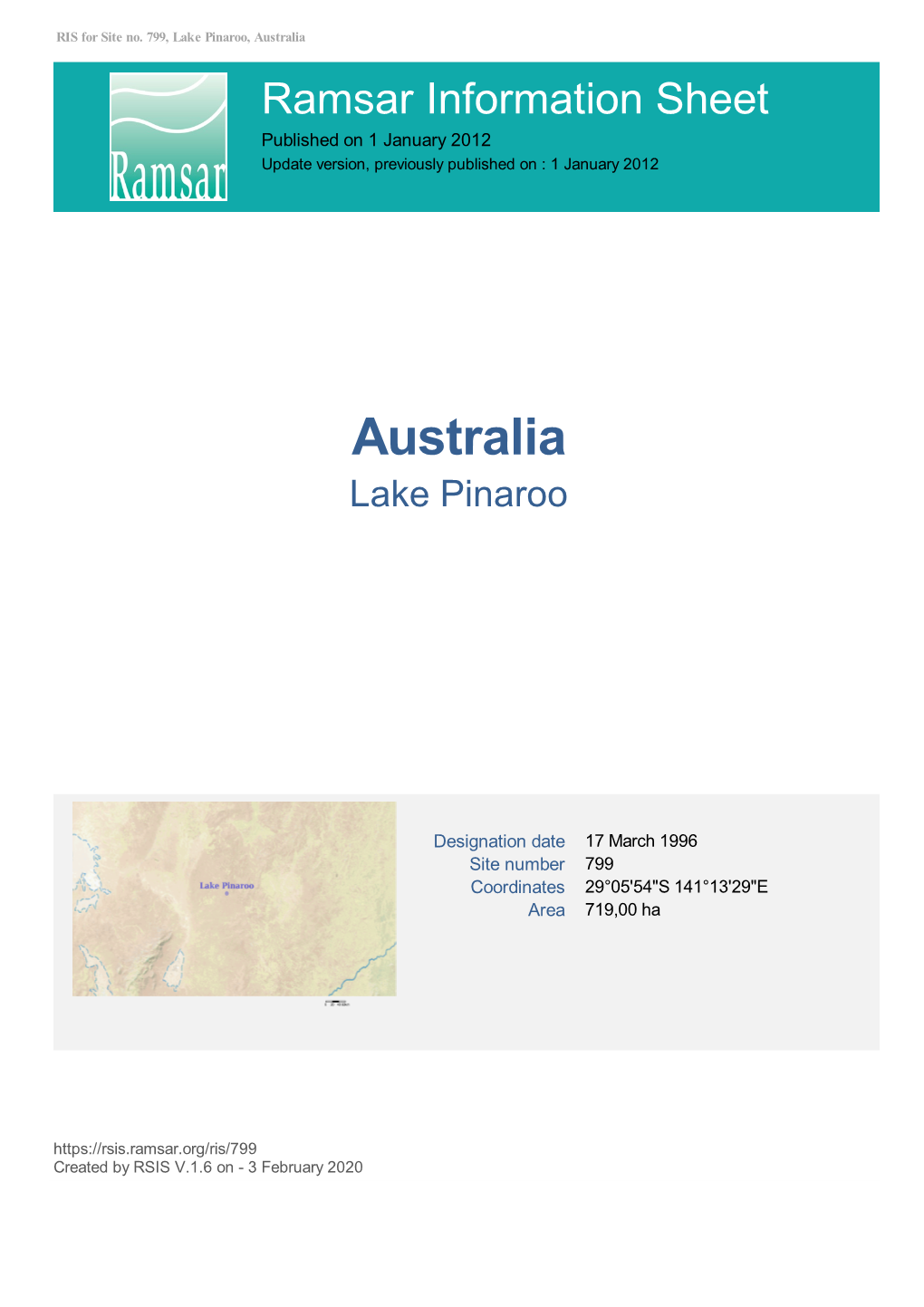 Lake Pinaroo Ramsar Information Sheet, January 1998