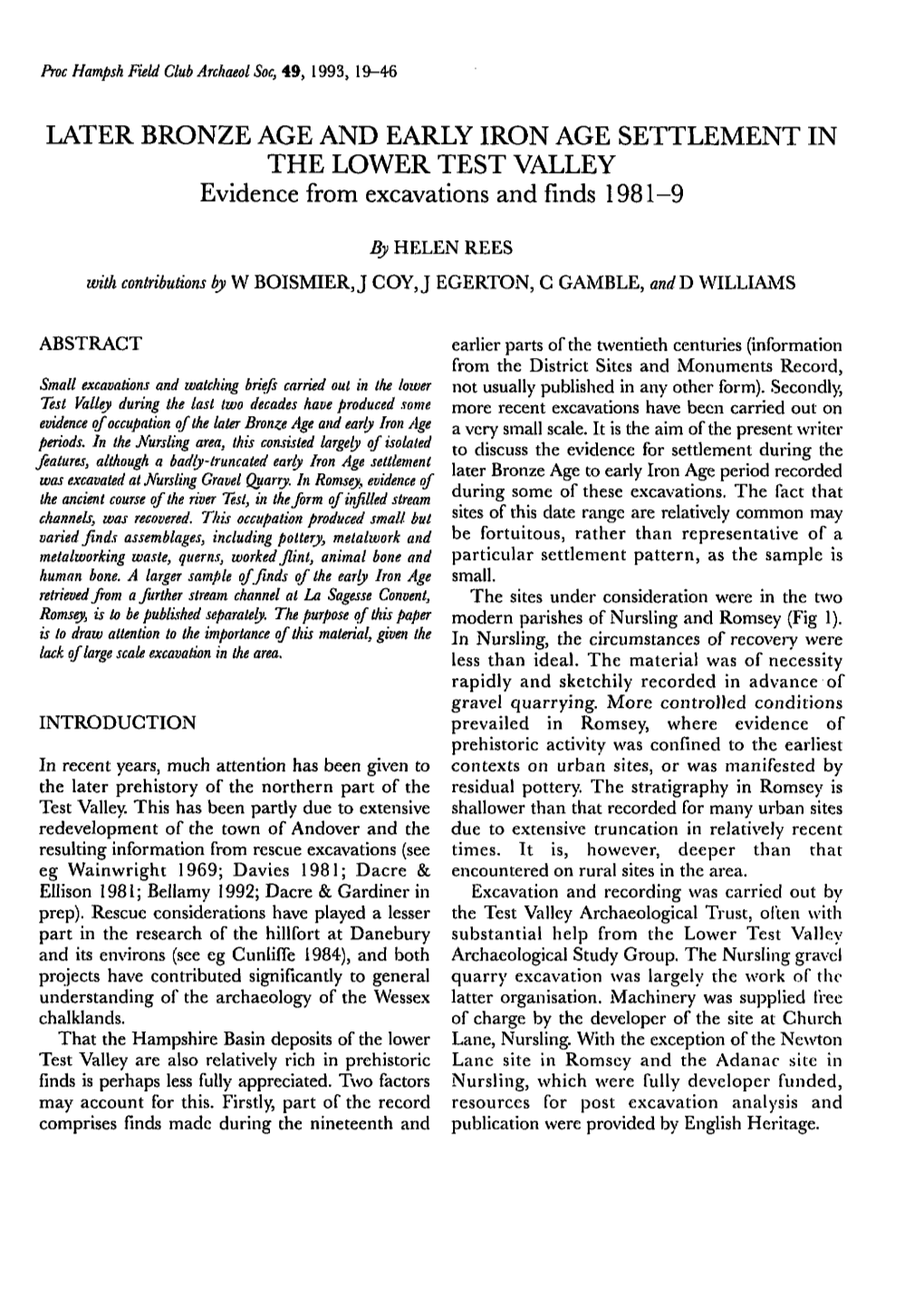 LATER BRONZE AGE and EARLY IRON AGE SETTLEMENT in the LOWER TEST VALLEY Evidence from Excavations and Finds 1981-9