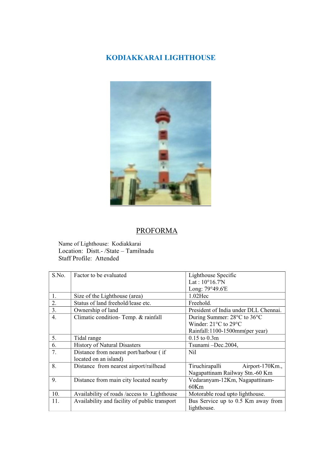 Kodiakkarai Lighthouse Proforma