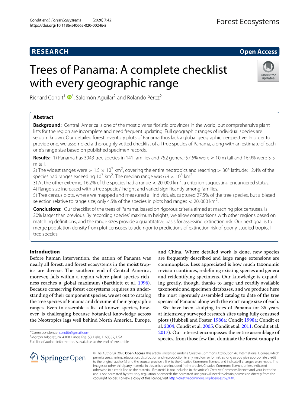 Trees of Panama: a Complete Checklist with Every Geographic Range Richard Condit1 *, Salomón Aguilar2 and Rolando Pérez2