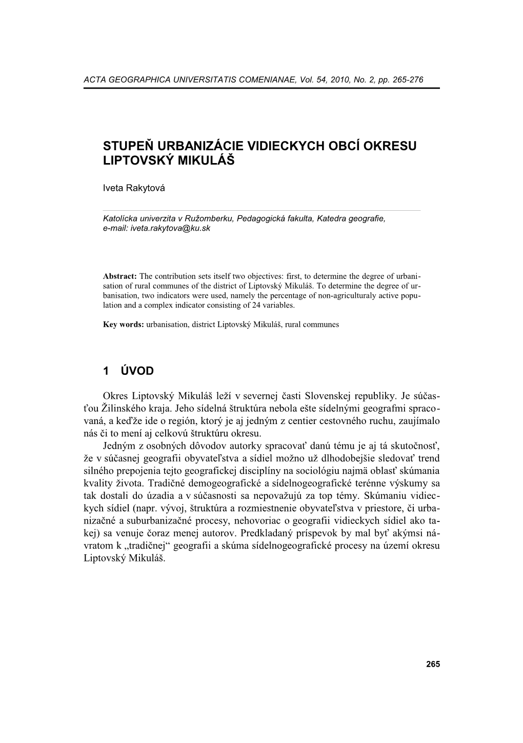 Stupeň Urbanizácie Vidieckych Obcí Okresu Liptovský Mikuláš