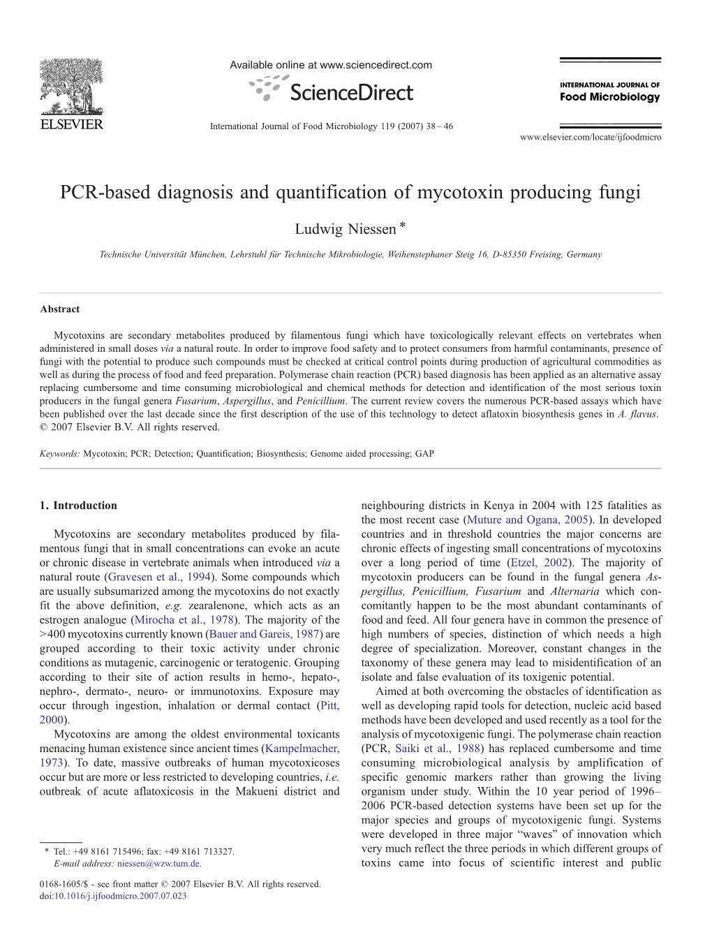 PCR-Based Diagnosis and Quantification of Mycotoxin Producing Fungi ⁎ Ludwig Niessen