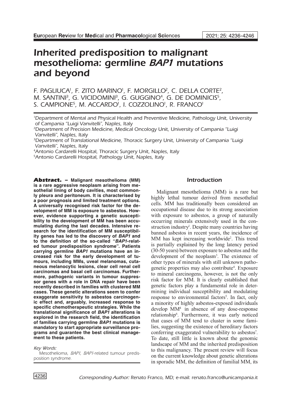 Inherited Predisposition to Malignant Mesothelioma: Germline BAP1 Mutations and Beyond