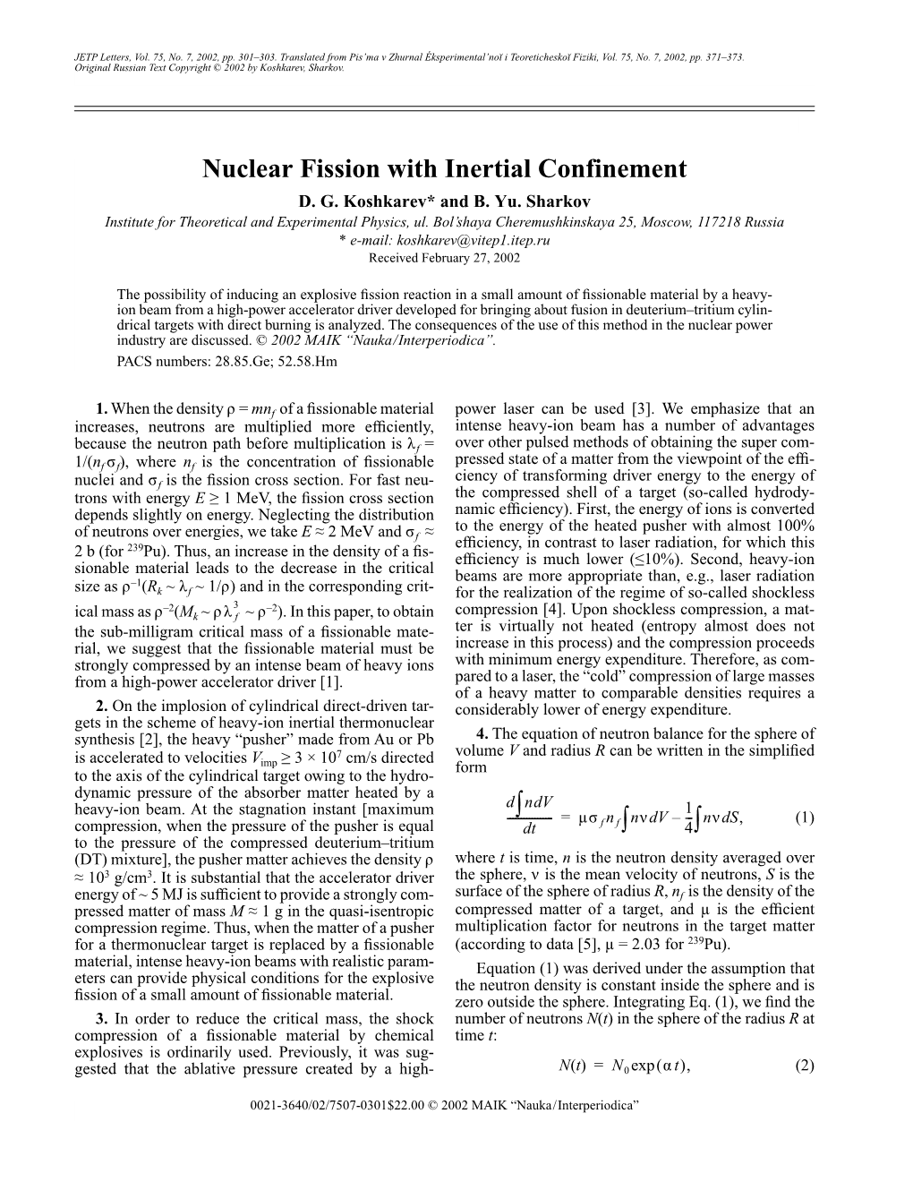 ∫ ∫– ∫ Nuclear Fission with Inertial Confinement
