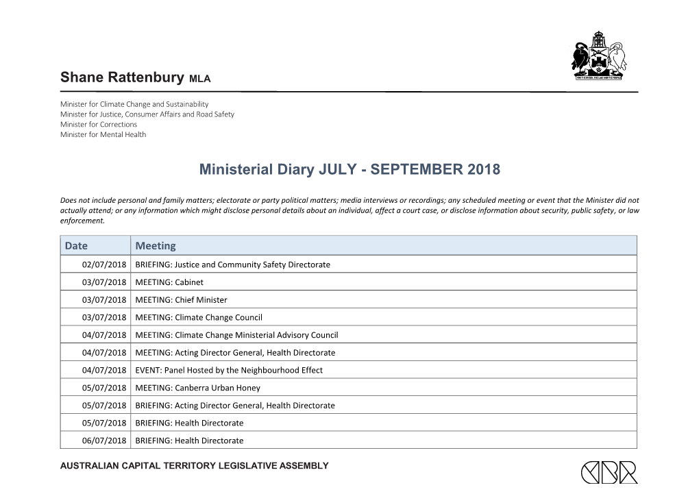 Shane Rattenbury MLA Ministerial Diary Publication July-September 2018