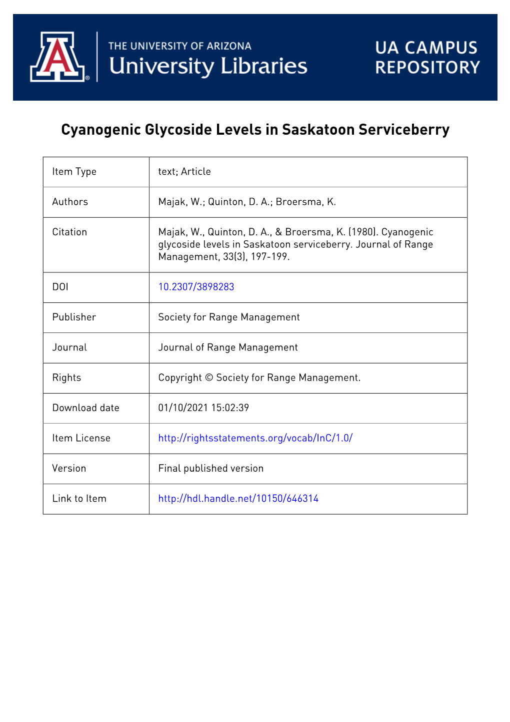 Cyanogenic Glycoside Levels in Saskatoon Serviceberry