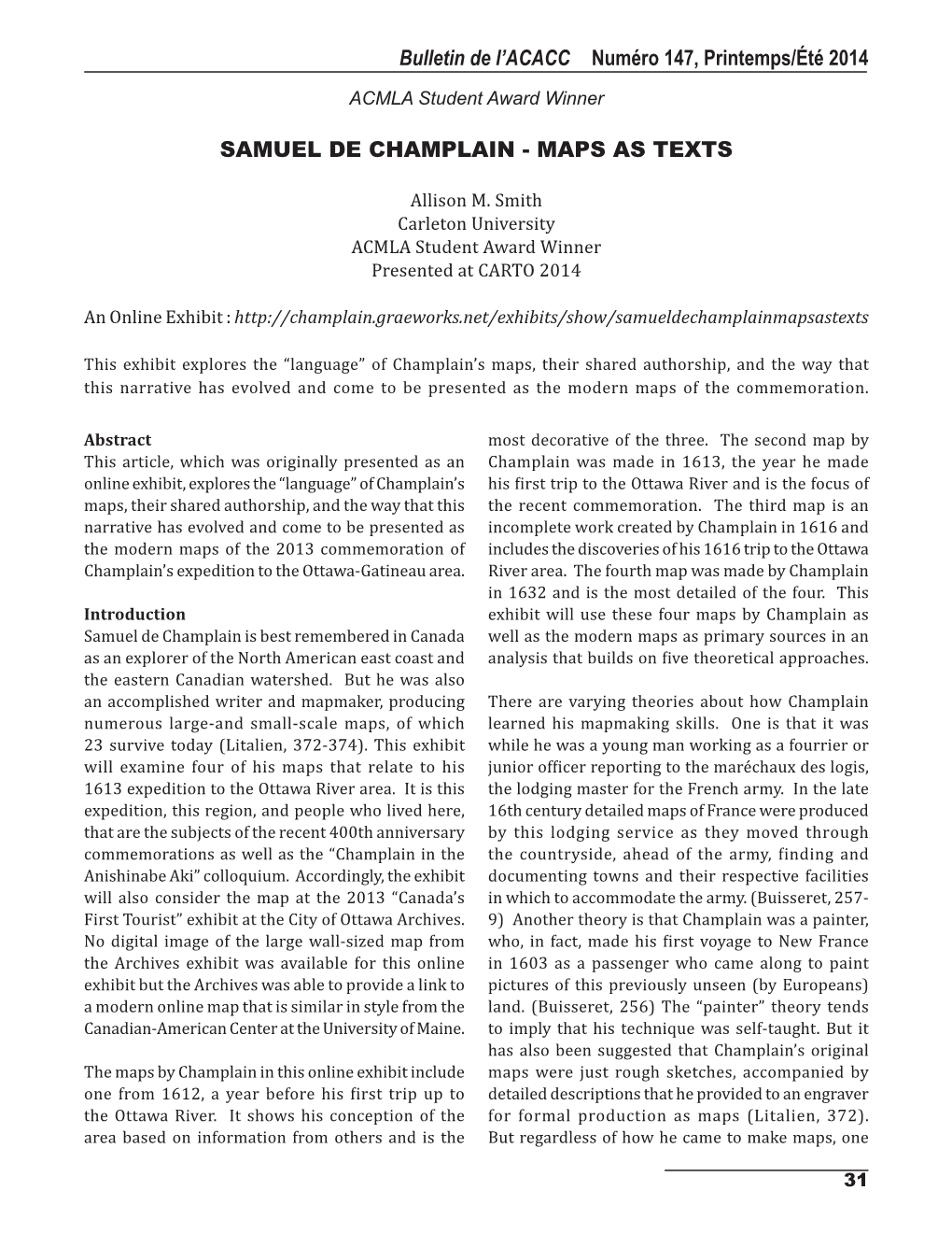 Bulletin De L'acacc Numéro 147, Printemps/Été 2014
