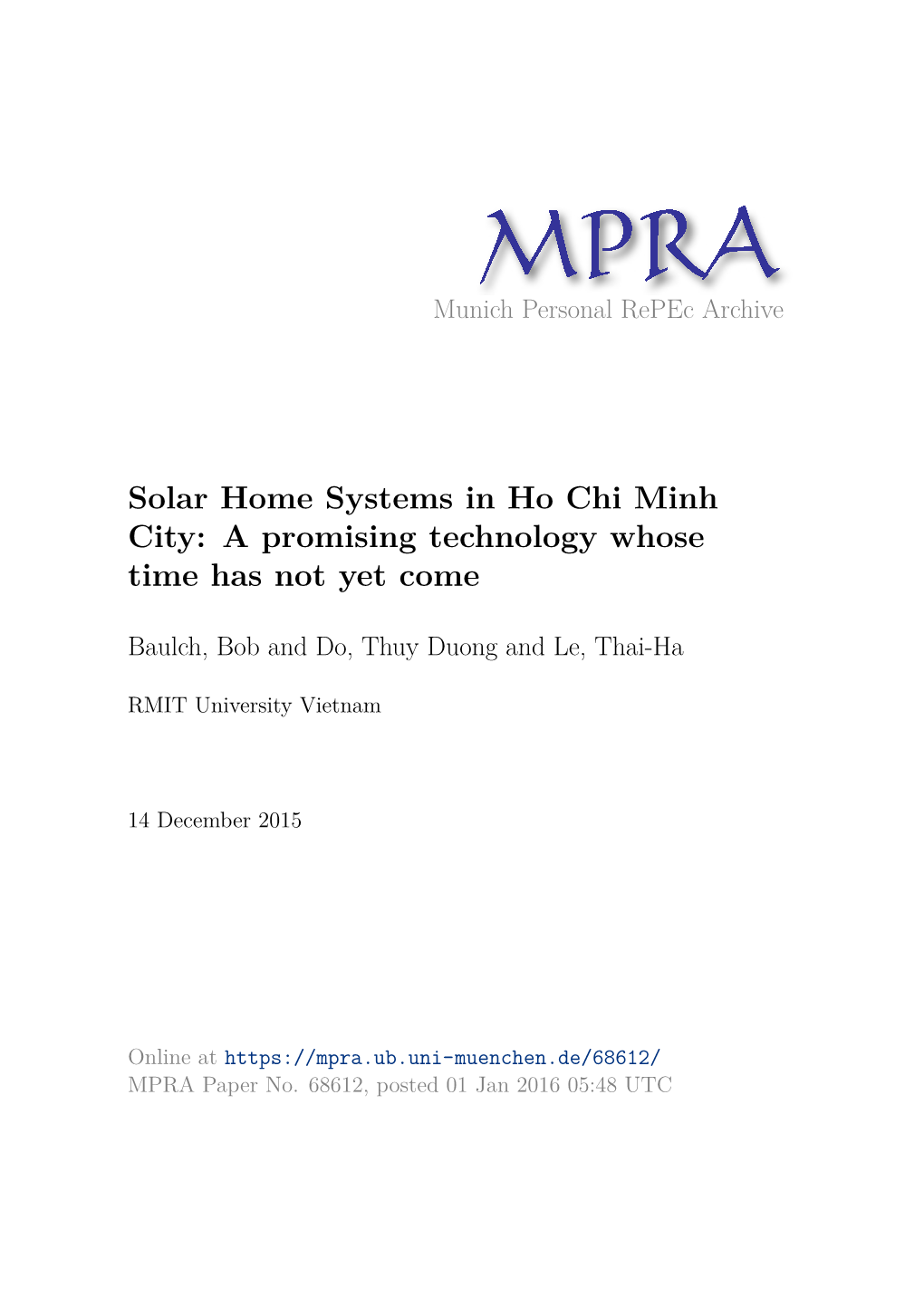 Solar Home Systems in Ho Chi Minh City: a Promising Technology Whose Time Has Not Yet Come