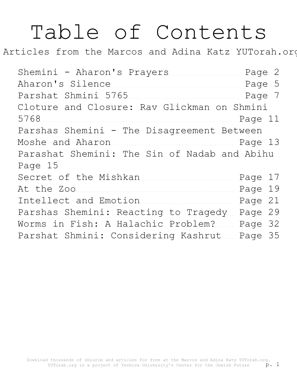 Table of Contents Articles from the Marcos and Adina Katz Yutorah.Org