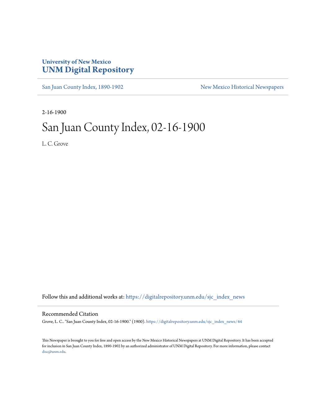 San Juan County Index, 02-16-1900 L