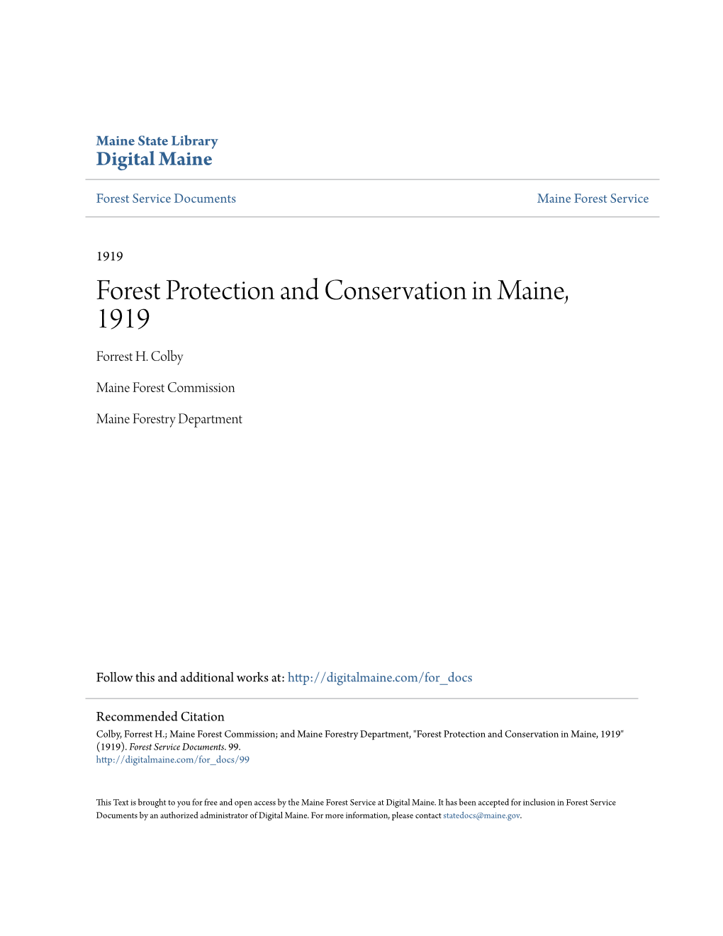 Forest Protection and Conservation in Maine, 1919 Forrest H