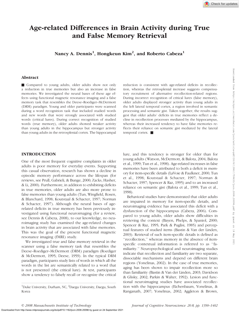 Age-Related Differences in Brain Activity During True and False Memory Retrieval