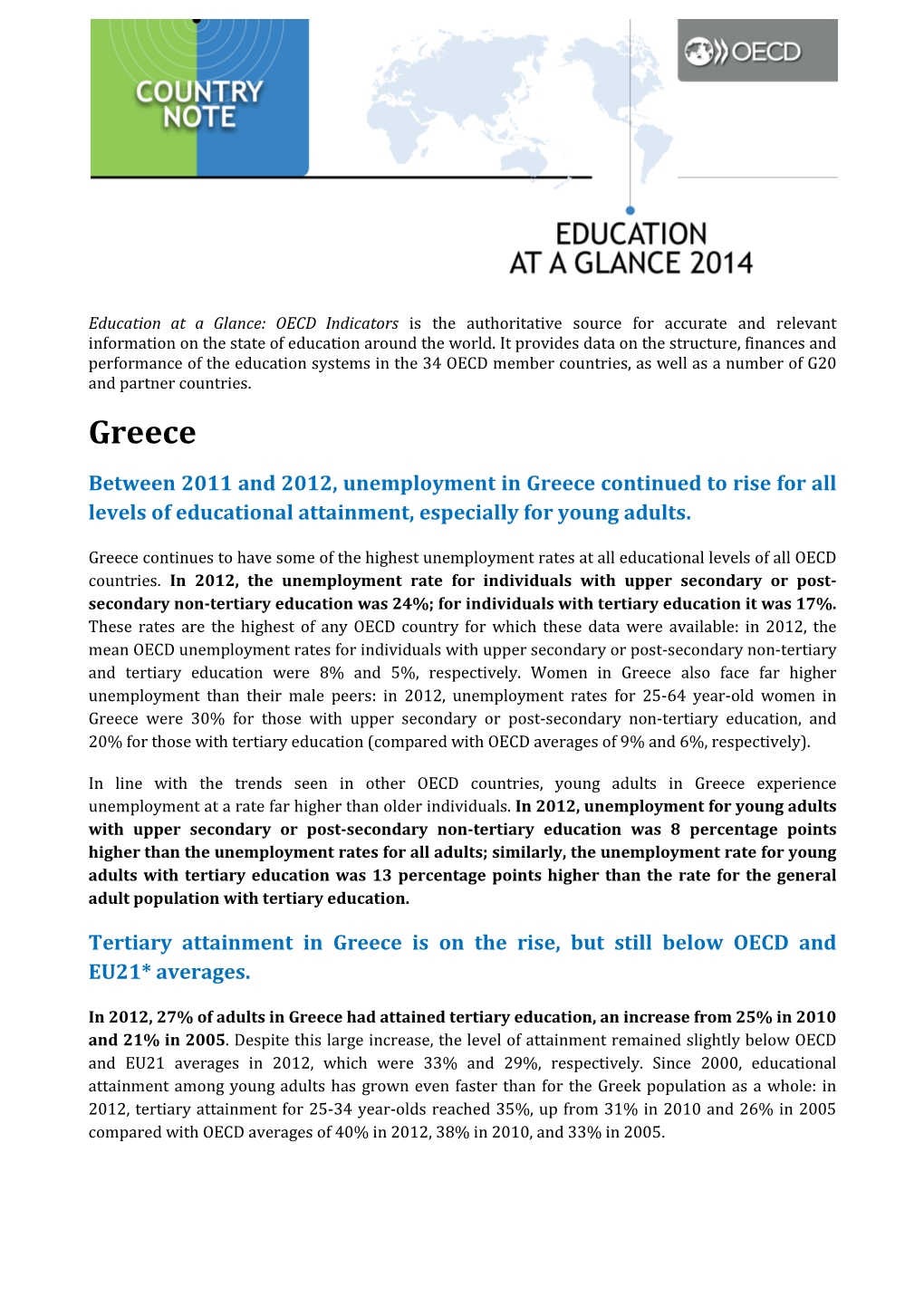 Greece Between 2011 and 2012, Unemployment in Greece Continued to Rise for All Levels of Educational Attainment, Especially for Young Adults