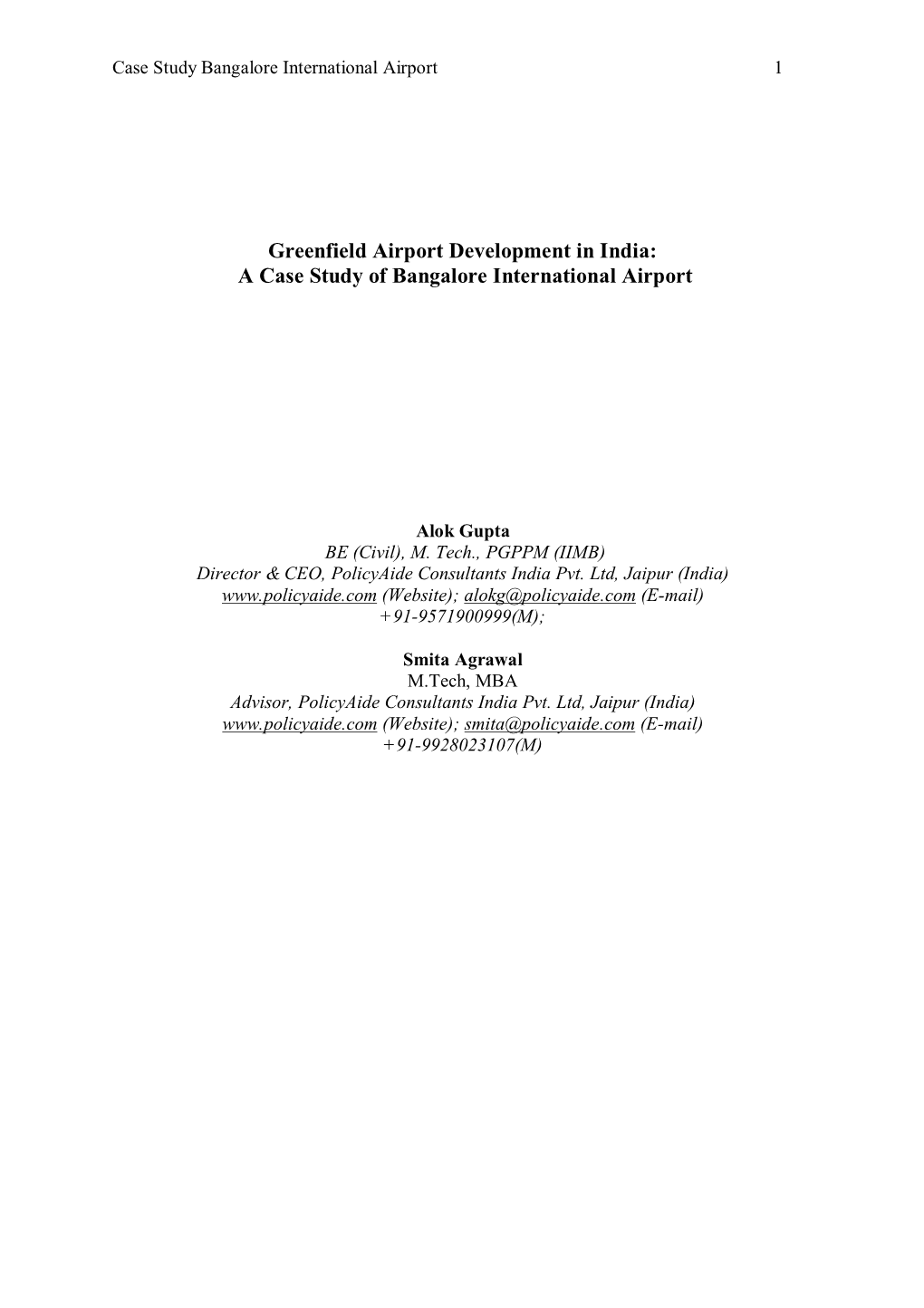 Greenfield Airport Development in India: a Case Study of Bangalore International Airport