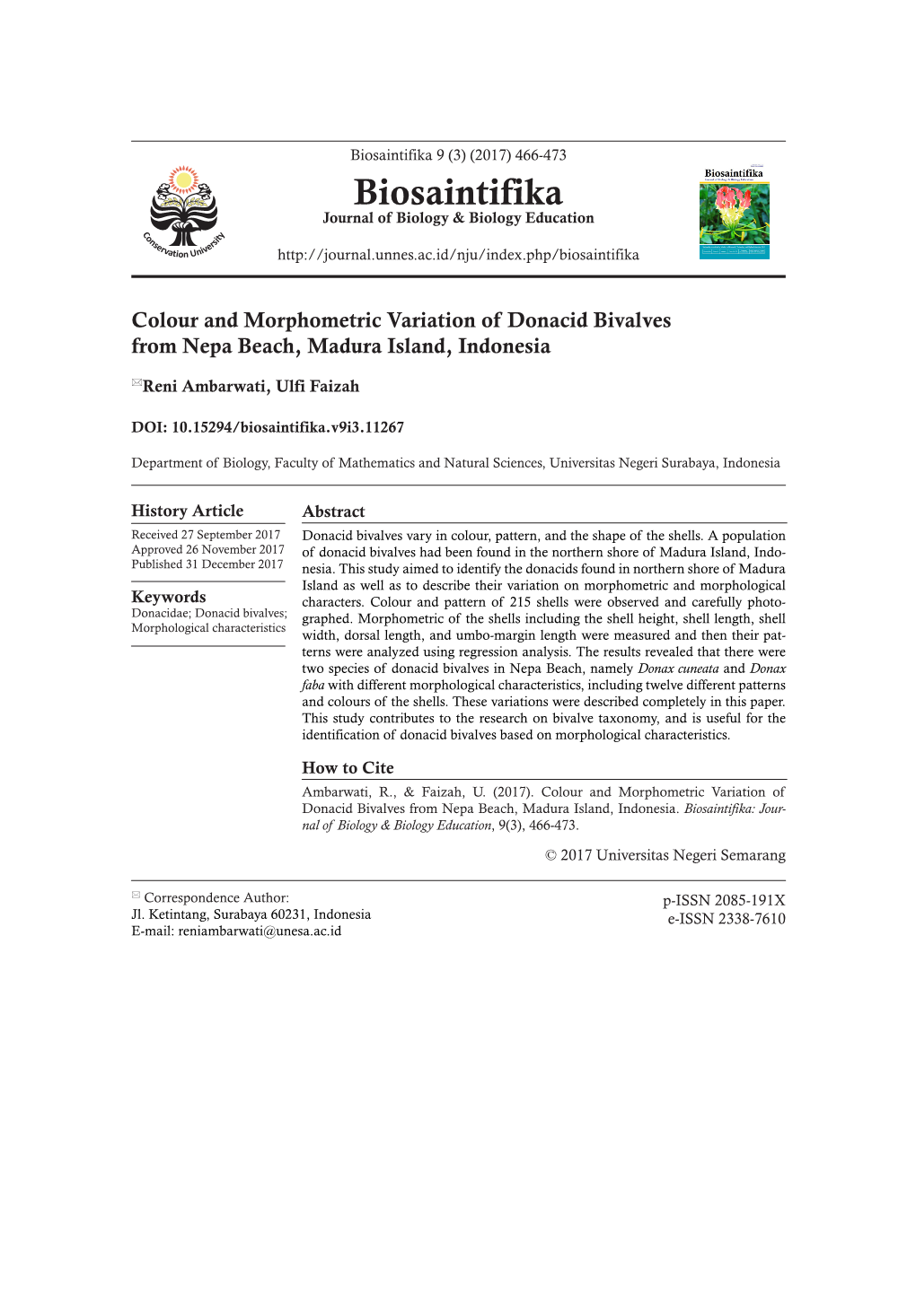 Biosaintifika 9 (3) (2017) 466-473 Biosaintifika Journal of Biology & Biology Education