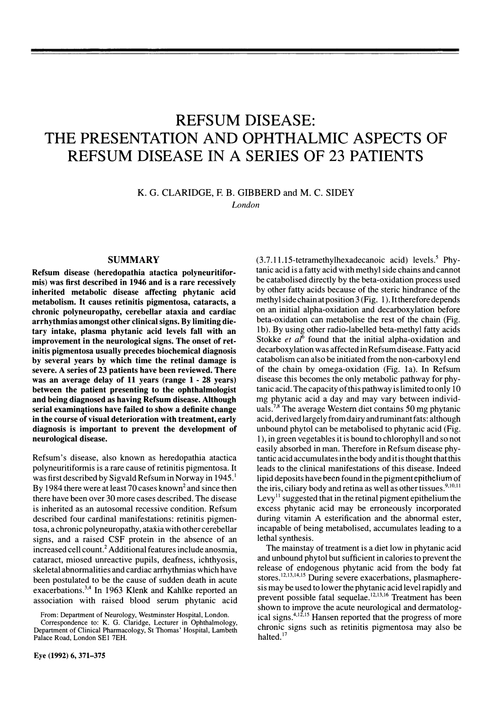 Refsum Disease: the Presentation and Ophthalmic Aspects of Refsum Disease in a Series of 23 Patients