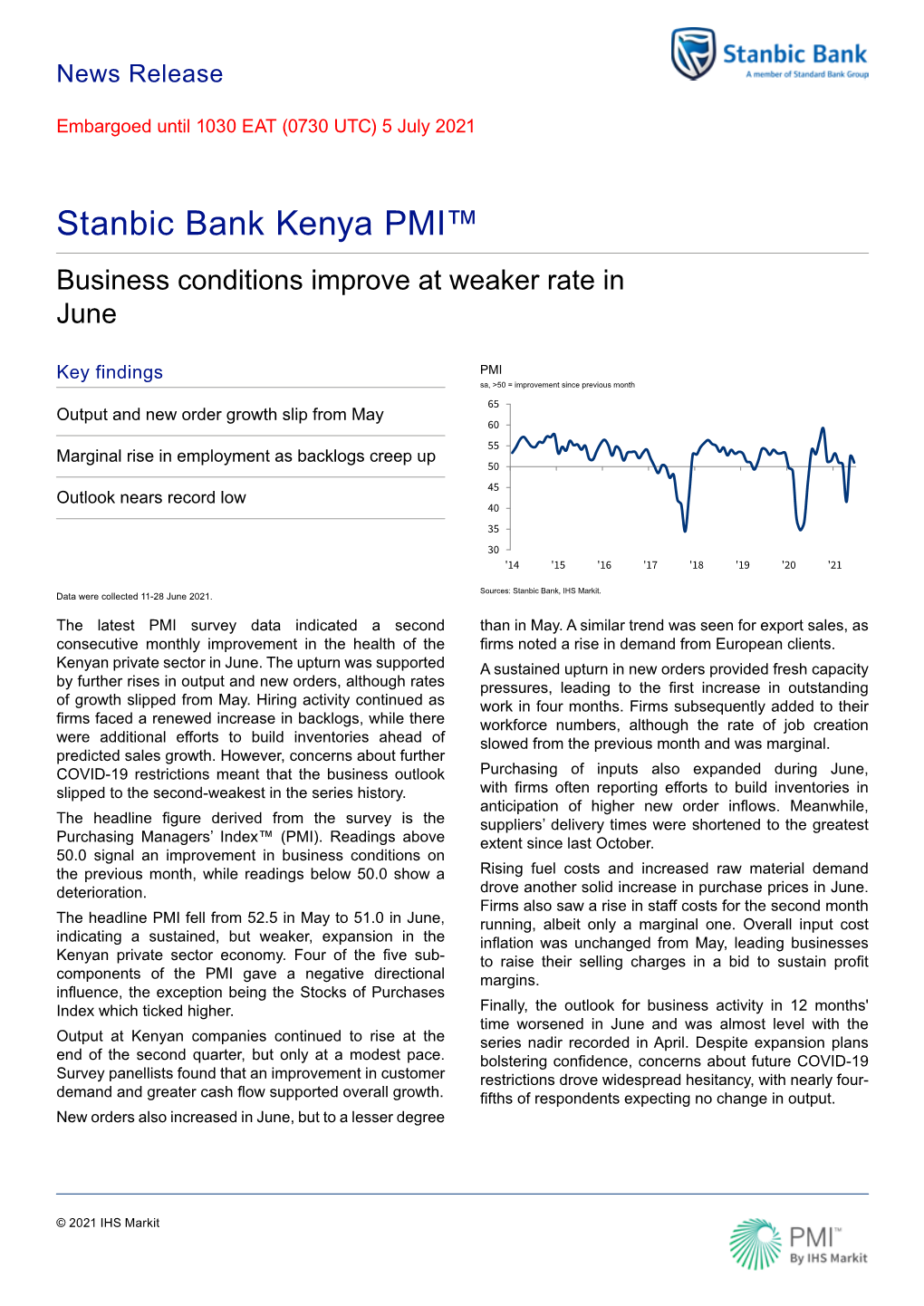 Stanbic Bank Kenya PMI™ Business Conditions Improve at Weaker Rate in June