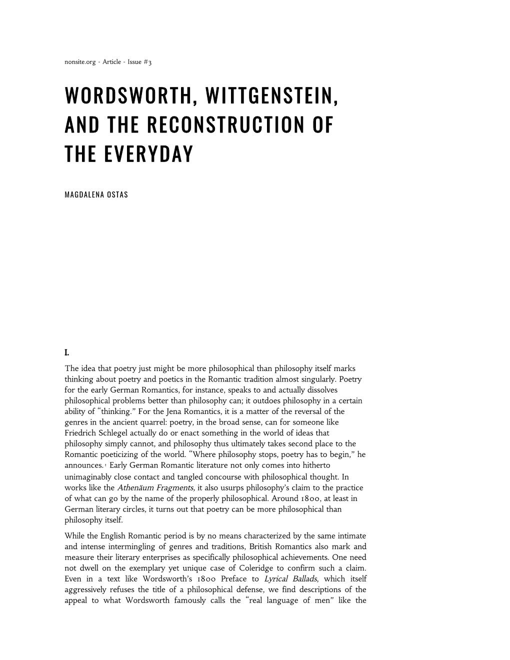 Wordsworth, Wittgenstein, and the Reconstruction of the Everyday | Nonsite.Org
