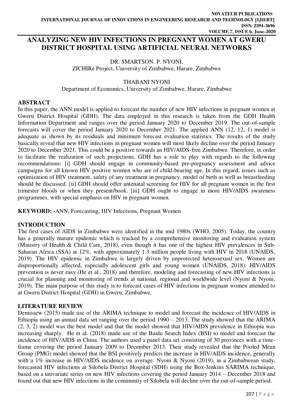 Analyzing New Hiv Infections in Pregnant Women at Gweru District Hospital Using Artificial Neural Networks