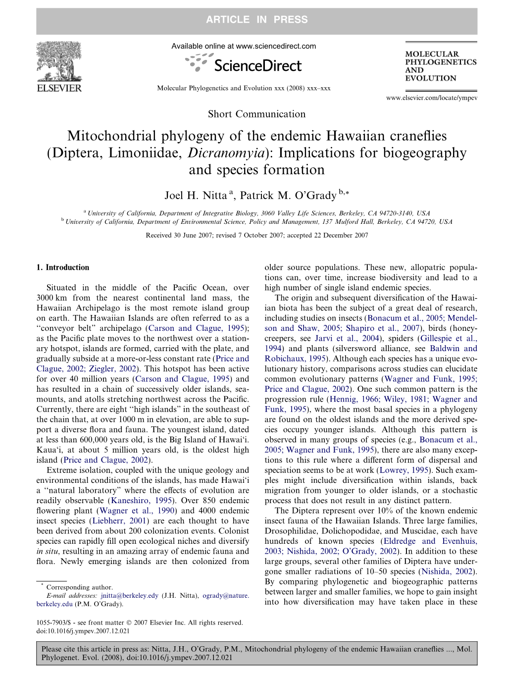 Mitochondrial Phylogeny of the Endemic Hawaiian Craneflies