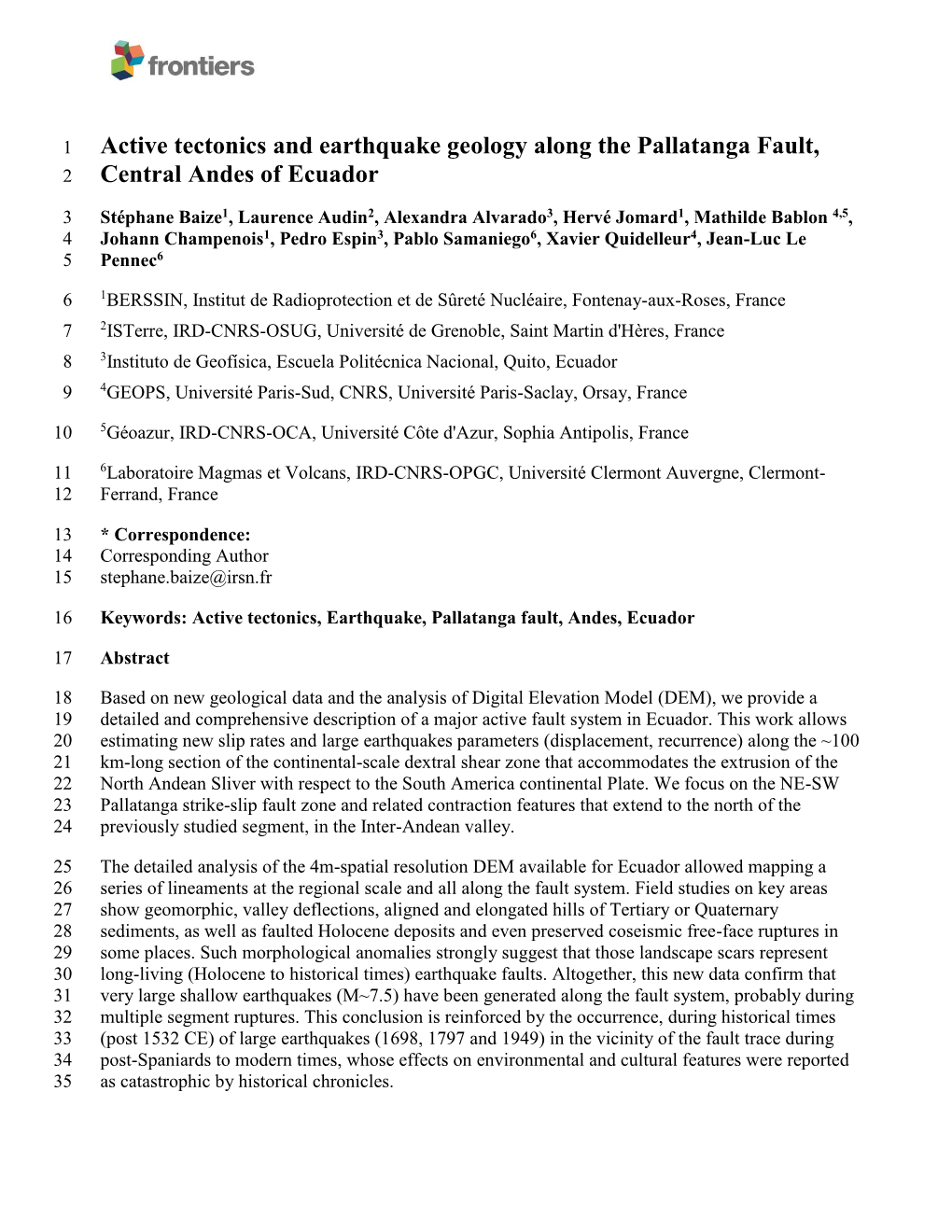 Active Tectonics and Earthquake Geology Along the Pallatanga Fault, 2 Central Andes of Ecuador