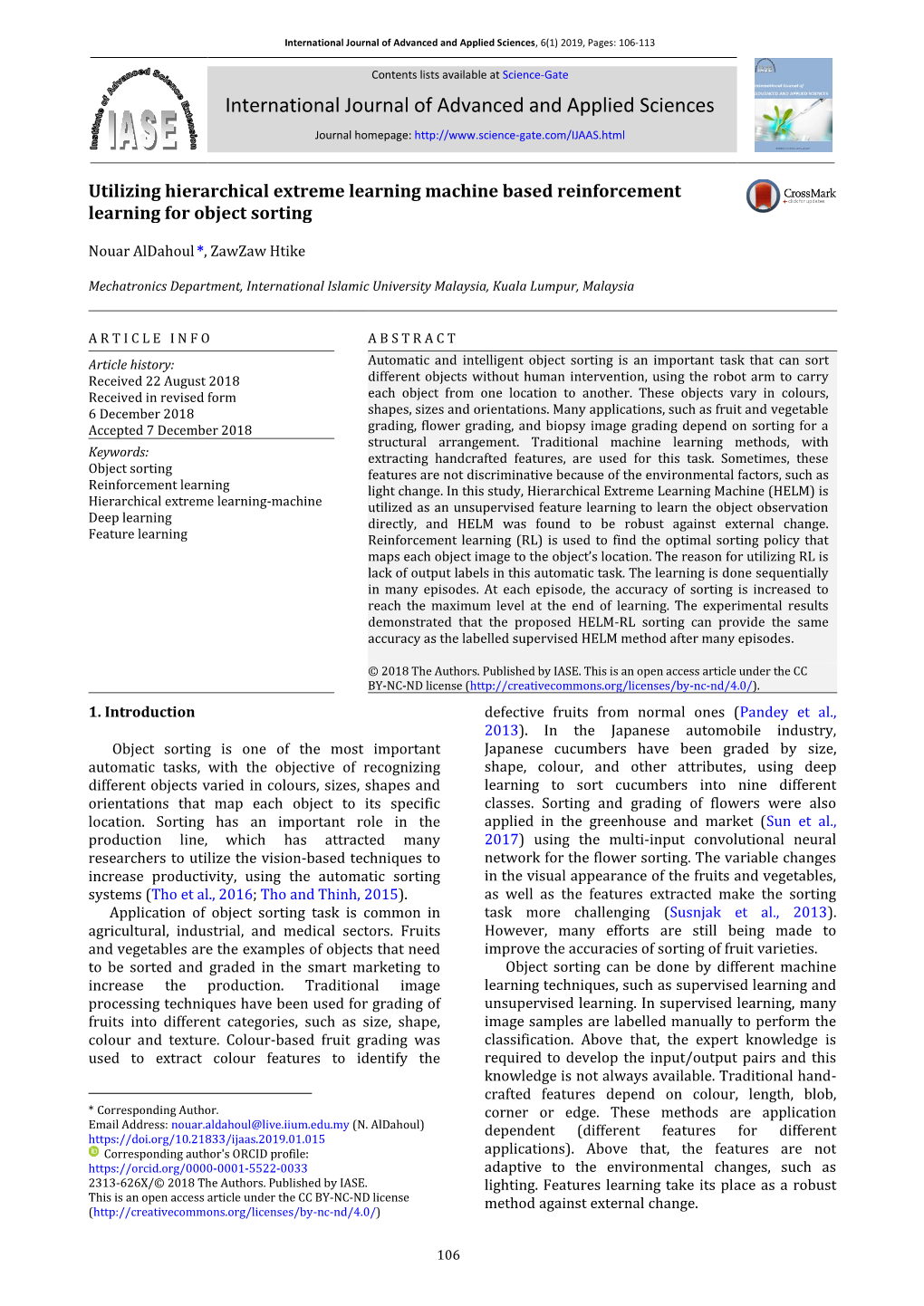 Utilizing Hierarchical Extreme Learning Machine Based Reinforcement Learning for Object Sorting