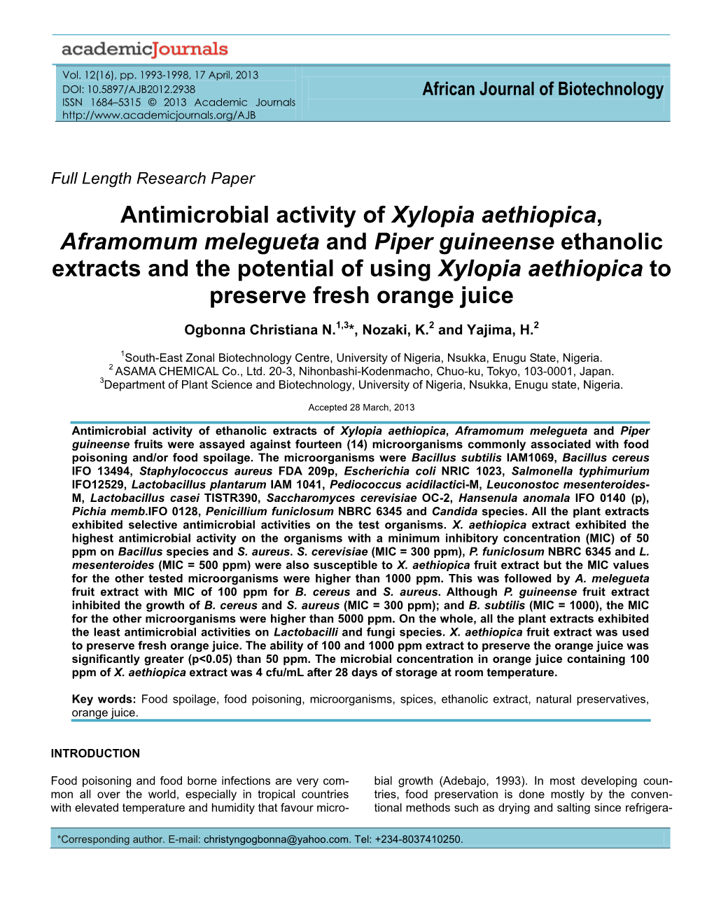 Antimicrobial Activity of Xylopia Aethiopica