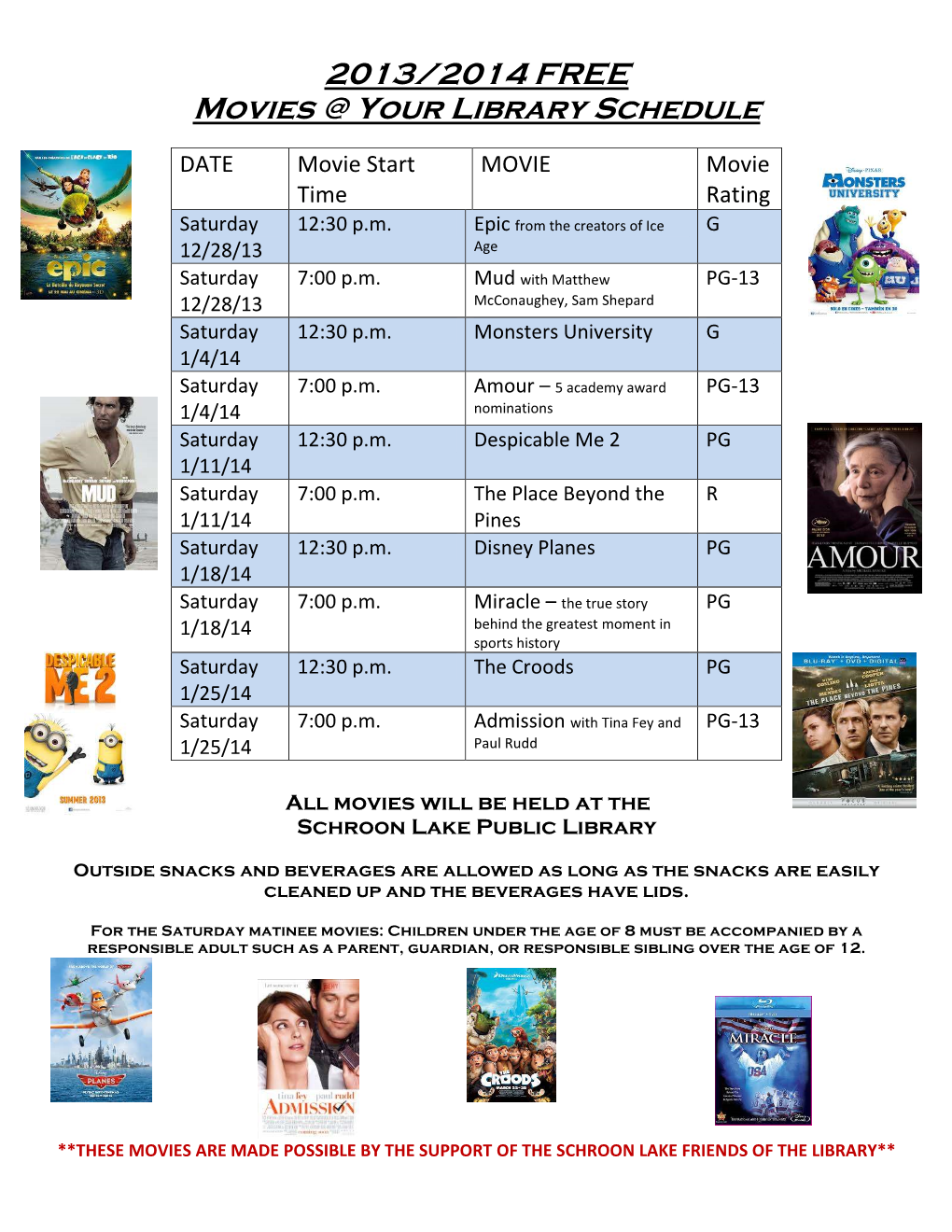 2013/2014 FREE Movies @ Your Library Schedule